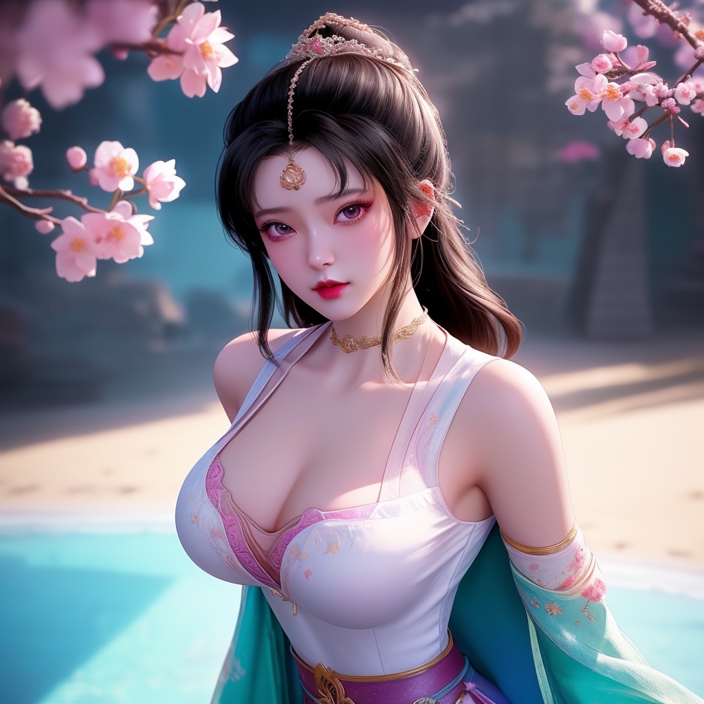 <lora:763-DA-仙逆-墨云:0.8>, (,1girl, ,best quality, ),looking at viewer,  ,ultra detailed background,ultra detailed background,ultra realistic 8k cg,, ,masterpiece, (( , )),, ,   ,   cure blossom,  ,,  (cleavage),,  (), ,,