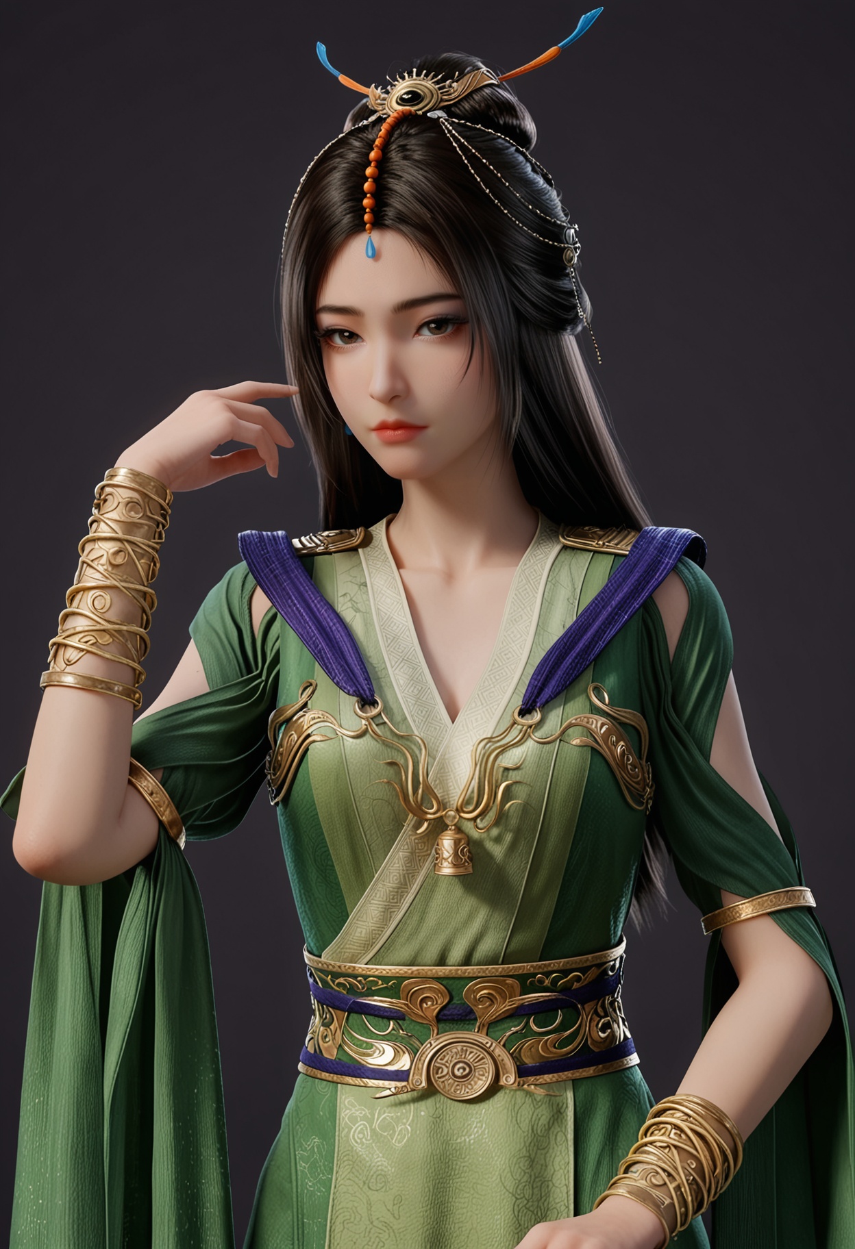 score_9,looking_at_viewer,upper body,(large breasts:0.8),liuyu,1girl,solo,black hair,hair ornament,long hair,green dress,realistic,dress,chinese clothes,closed mouth,jewelry,bracelet,sash,hair bun,brown eyes,clothing cutout,barefoot,(simple background,pure black background,black background:1.1),perfect_anatomy,<lora:QQSponyliuyuV1:0.8>,