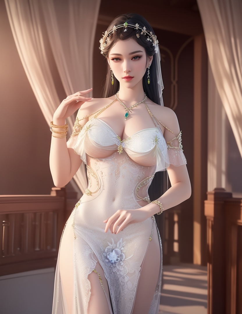 ultra realistic 8k cg, picture-perfect face, flawless, clean, masterpiece, professional artwork, famous artwork, cinematic lighting, cinematic bloom, perfect face, beautiful face, fantasy, dreamlike, unreal, science fiction,  beautiful clothes, lace, lace trim, lace-trimmed legwear,  (rich:1.4), prestige, luxury, jewelry, diamond, gold, pearl, gem, sapphire, ruby, emerald, intricate detail, delicate pattern, charming, alluring, seductive, erotic, enchanting, hair ornament, necklace, earrings, bracelet, armlet,halo((,1girl, pov,))(((,  1girl,  solo,looking at viewer, ))),(((1girl, solo, dress, jewelry,large breasts, )))<lora:DA_WhiteSnakeGreenSnake:0.7>
