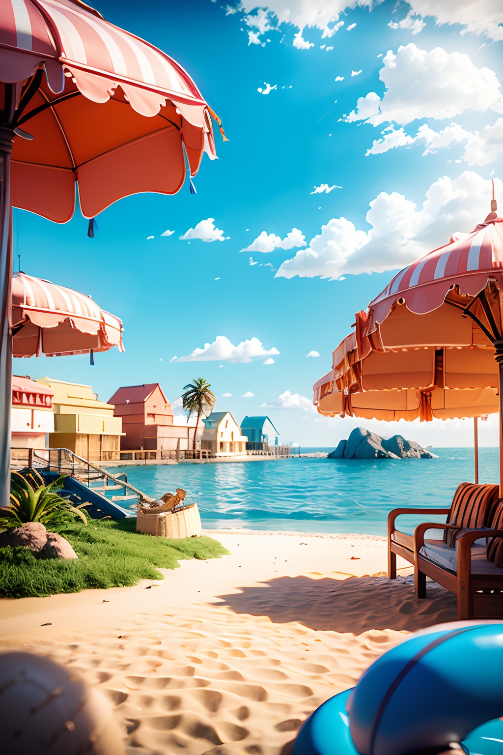 amazing,\(best quality:1.2\),Best quality,still life,3d scene,outdoors,sky,day,cloud,water,tree,blue sky,no humans,ocean,beach,sand,palm tree,lifebuoy,