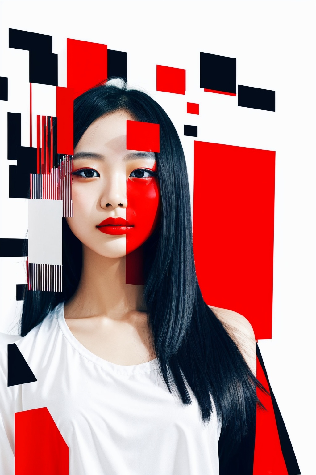abstract portrait of an asian girl,undefined gender,fragmented visual style,red and black color palette,evokes feelings of rebellion,passion,and freedom,blurred boundaries,high resolution,aesthetic,
