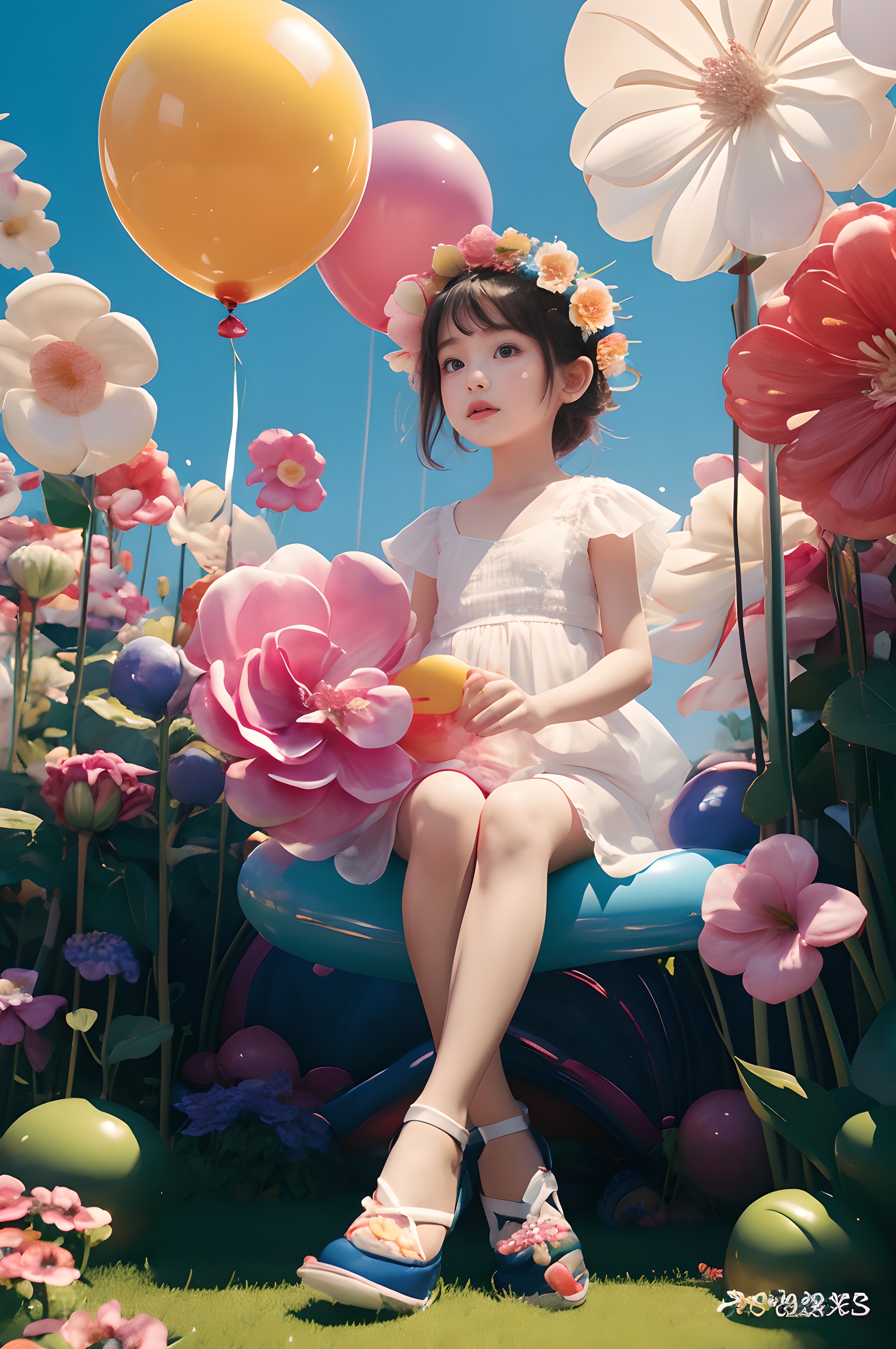 baby,3 years old,female children,<lora:Balloon Flowers_V10:0.6>,(sitting on a balloon),blooming flowers,(((the huge flower contrasts with the tiny girl))),middle of stamens,balloon flower,balloon,dream scene,CAD,unreal engine,shoes, <lora:Balloon Flowers_20231120130603:0.7>