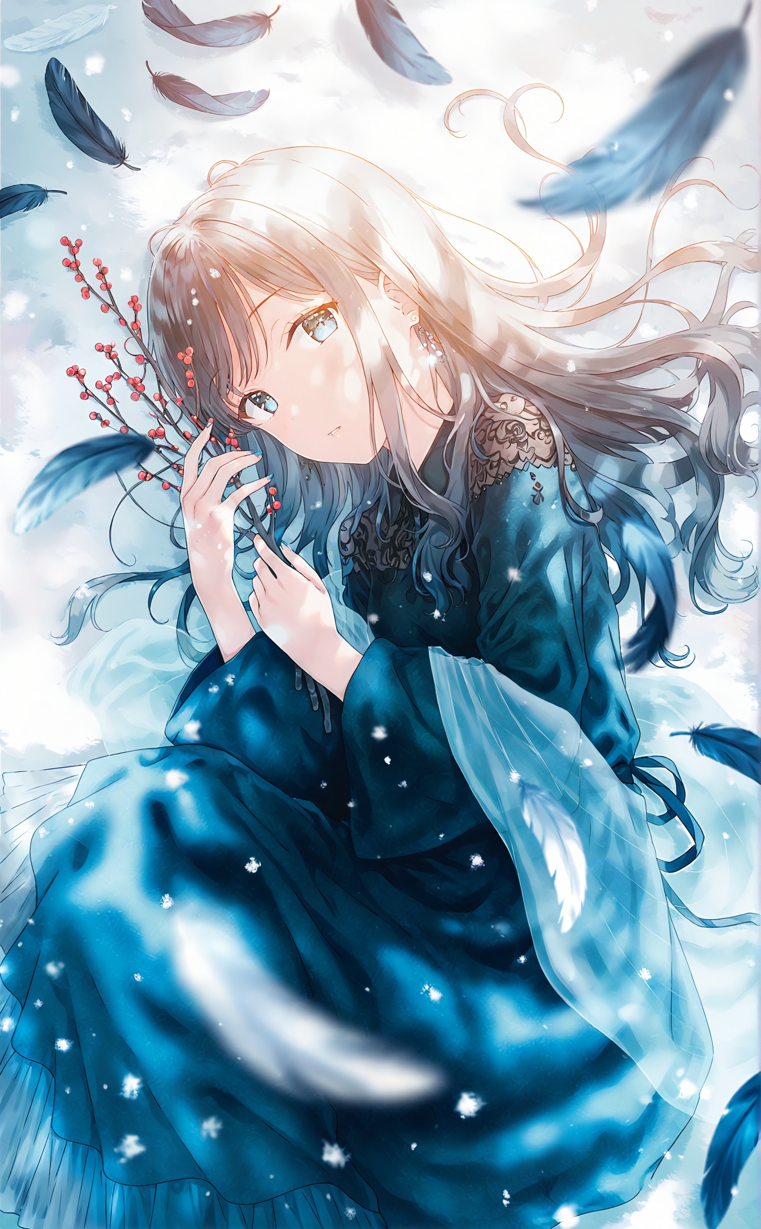 best,1girl,solo,feathers,branch,long hair,dress,holding,looking at viewer,parted lips,shawl,blurry foreground,blue dress,long sleeves,snowing,blue eyes,holding branch,brown hair,blue feathers,snow,on side,earrings,jewelry,blurry,black feathers,depth of field,falling feathers,wide sleeves,floating hair,light particles,lying,nail polish,black dress,frilled dress,outdoors,see-through,fingernails,feet out of frame,grey hair,winter,sunlight,blush,blue nails,<lora:hiten1536up-000007:1>,