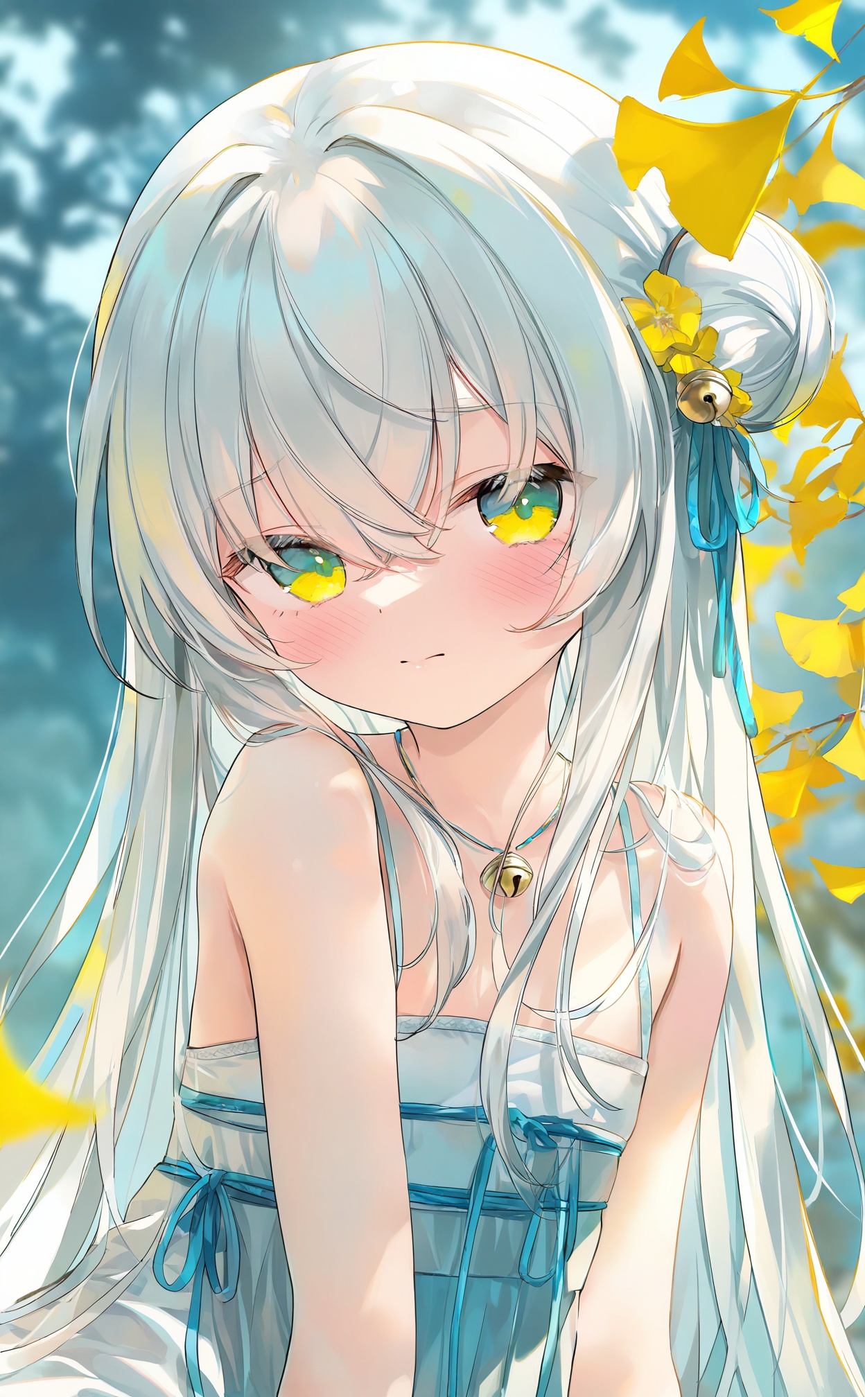 masterpiece,very aware,highres,absurdres,newest,best quality,loli,petite,high quality,chromatic_aberration,cinematic_angle,dutch angle,Light Blue Theme,//,hanfu,1girl, solo, hair_ornament, flower, hair_flower, white_hair, long_hair, green_eyes, hair_bun, looking_at_viewer, leaf, yellow_flower, blurry_background, blurry, ribbon, hair_ribbon, hair_between_eyes, portrait, closed_mouth, yellow_eyes, bell, ginkgo_leaf, blush, single_hair_bun, hair_bell, depth_of_field, upper_body, crossed_bangs, necklace, jewelry, bare_shoulders, blue_ribbon, single_side_bun, looking_to_the_side, white_dress, falling_leaves//,//,official art,depth of field,detailed light,blurry background,best shadow,shiny skin,cinematic lighting,ray tracing,amazing quality,very aesthetic,absurdres,beast quality,ultra detailed,newest,8K,HDR,//,<lora:guizhencao——【noob】hans:0.88>,