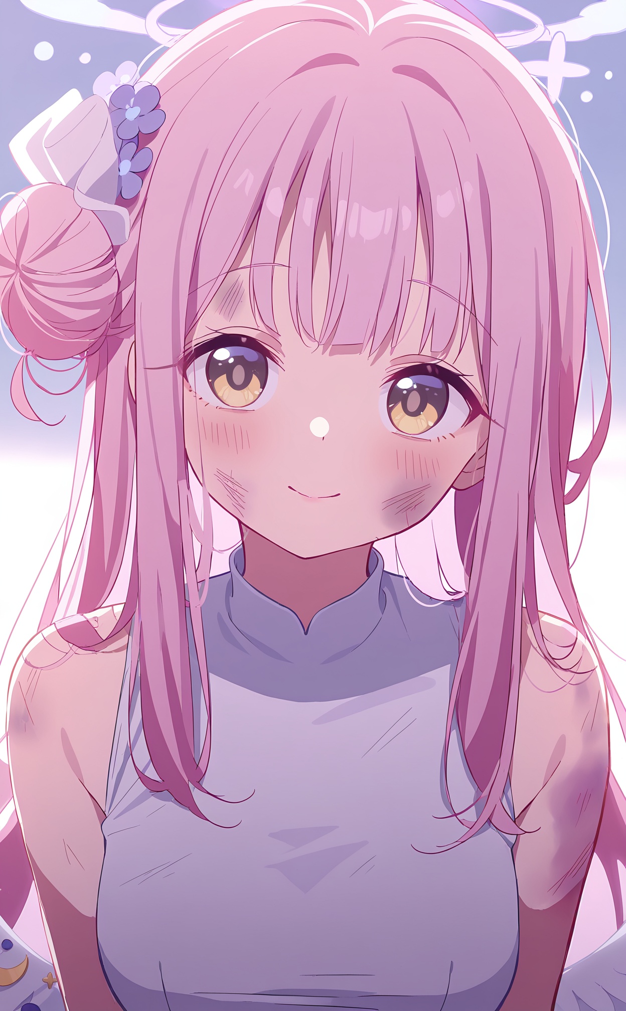 masterpiece,very aware,(highres),absurdres,newest,best quality,high quality,chromatic_aberration,dynamic_angle,cinematic_angle,//,1girl,mika_\(blue_archive\),solo,pink_hair,single_side_bun,bruise,injury,wings,yellow_eyes,hair_flower,hair_ornament,looking_at_viewer,bruise_on_face,white_dress,dress,hair_bun,halo,long_hair,white_wings,flower,purple_flower,angel_wings,smile,feathered_wings,sleeveless,portrait,closed_mouth,sleeveless_dress,blurry,dirty,dirty_face,scratches,blush,bare_shoulders,sidelocks,depth_of_field,scrunchie,//,//,artist:deyui,artist:doremi_(doremi4704),artist:mx2j,artist:yutokamizu,artist:child_(isoliya),//,//,<lora:BA02:0.85>,
