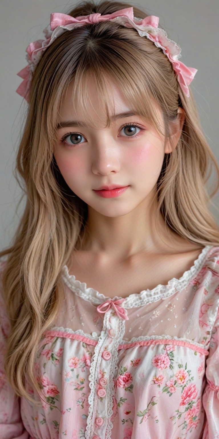 (close up portrait of a girl of european descent),lovely child,chibi,slightly elevated breasts,kind_smile,looking at camera,wearing pink lolita,huge filesize,available light,reality,light gray background,full_shot,