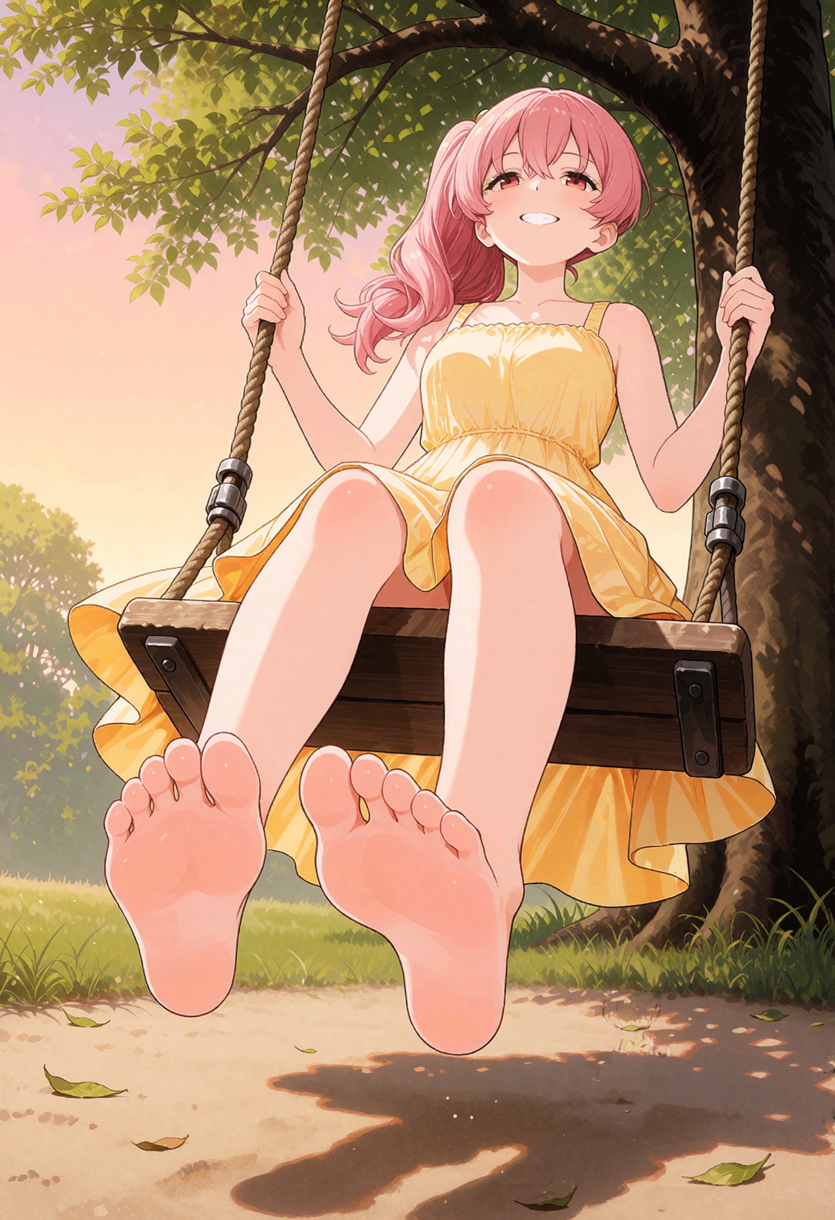 A young woman with shoulder-length,  soft pink hair tied into a loose side ponytail sits on an old wooden swing hanging fr...