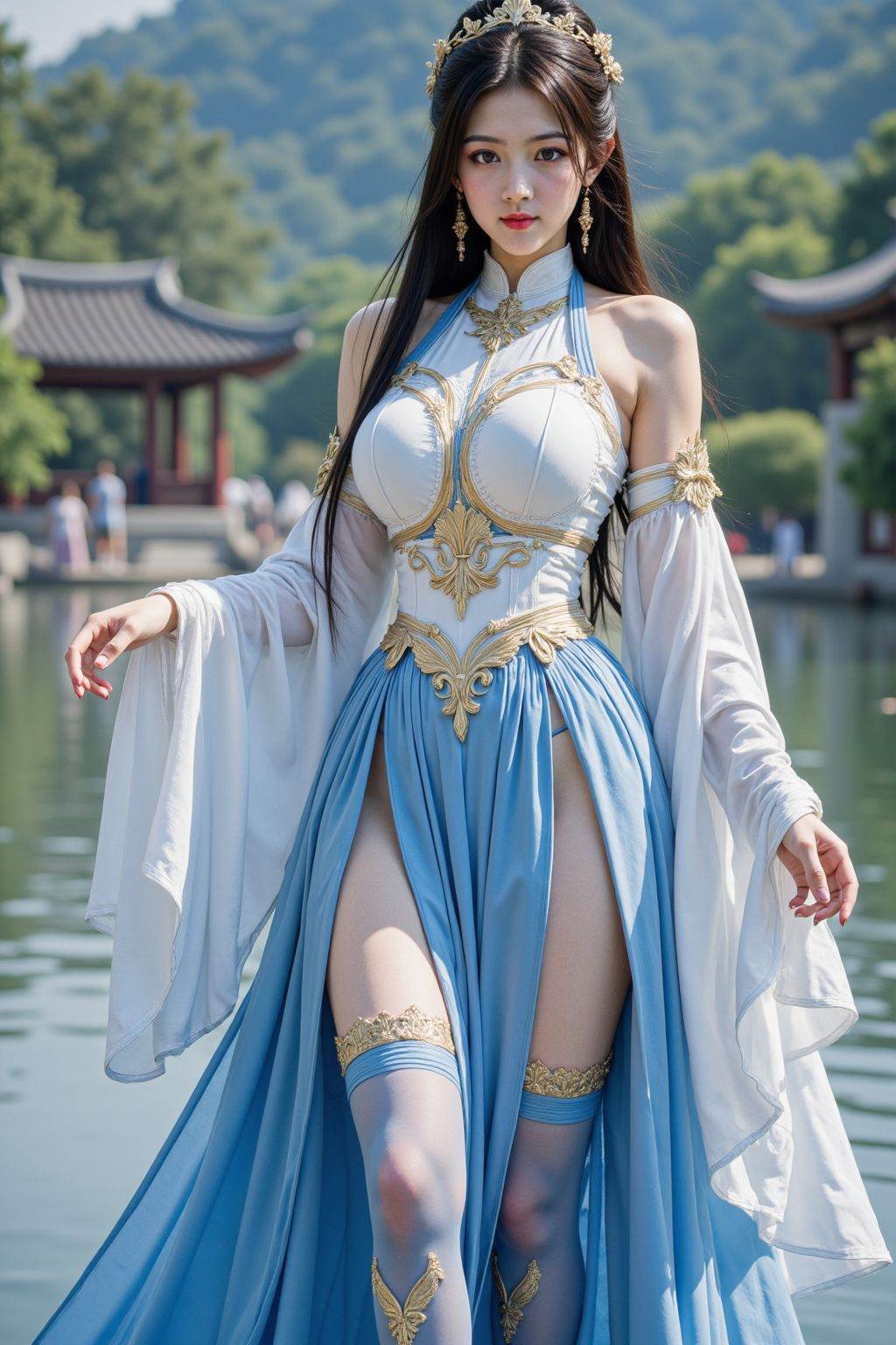 This young girl is attractive with long flowing black hair and piercing brown eyes. She wears a white and gold chinese armor dress, accentuating her ample breasts and curvy figure. Her skin is pale, and she has a regal, almost ethereal presence, the outfit includes a sleeveless high-necked top with intricate gold and silver designs, a pleated blue skirt that flows out into a dramatic, flowing train, and thigh-high stockings with intricate patterns. Her footwear is a pair of blue high-heeled shoes with gold accents, full body, outdoors, water,