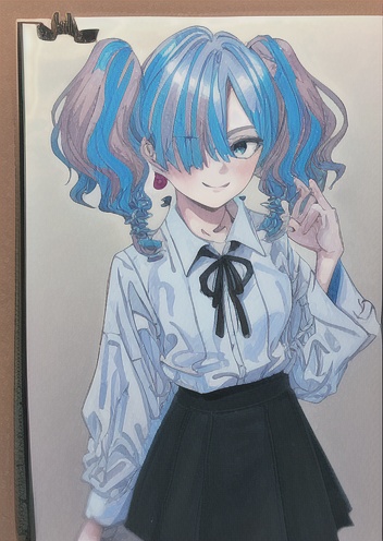 1girl, solo, looking at viewer, smile, bangs, blue eyes, skirt, shirt, long sleeves, ribbon, twintails, jewelry, closed mouth, blue hair, white shirt, purple hair, multicolored hair, earrings, collared shirt, black skirt, hair over one eye, black ribbon, traditional media<lora:EMS-378713-EMS:0.000000>, <lora:EMS-374381-EMS:1.000000>, <lora:EMS-378618-EMS:1.000000>