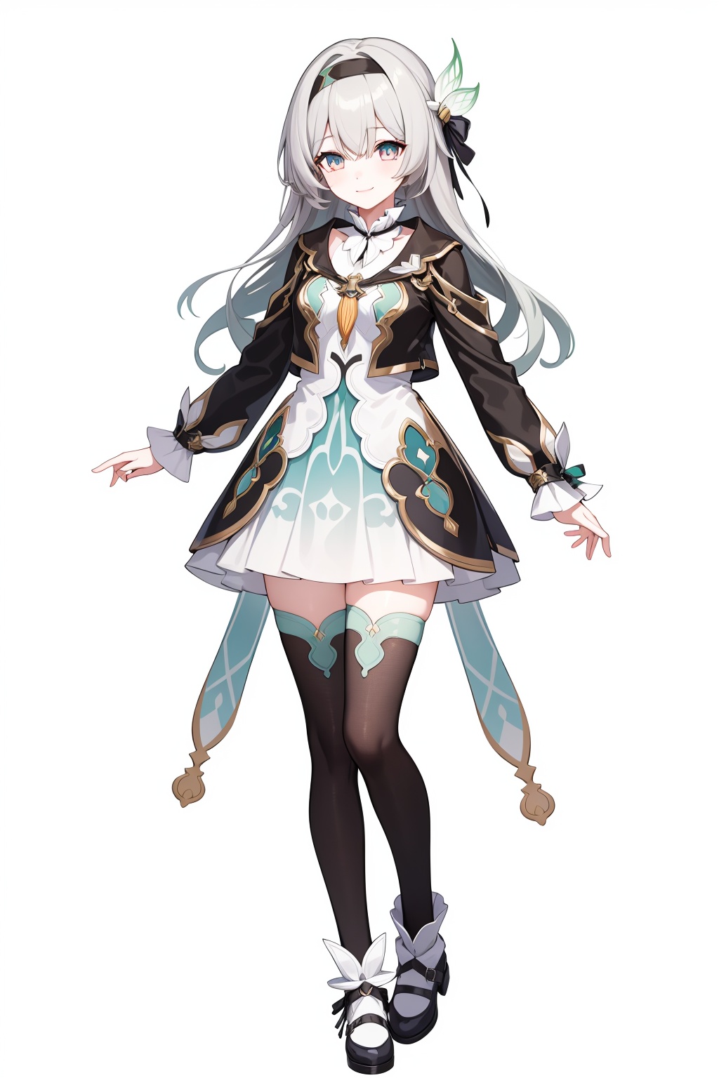 1girl,smile,<lora:流萤v36adaw:0.9:lbw=char>,liuying,grey hair,bangs,long sleeves,hair ornament,black jacket,black hairband,high quality,green dress,thighhighs,full body, (masterpiece,best quality:1.2),absurdres, high quality,