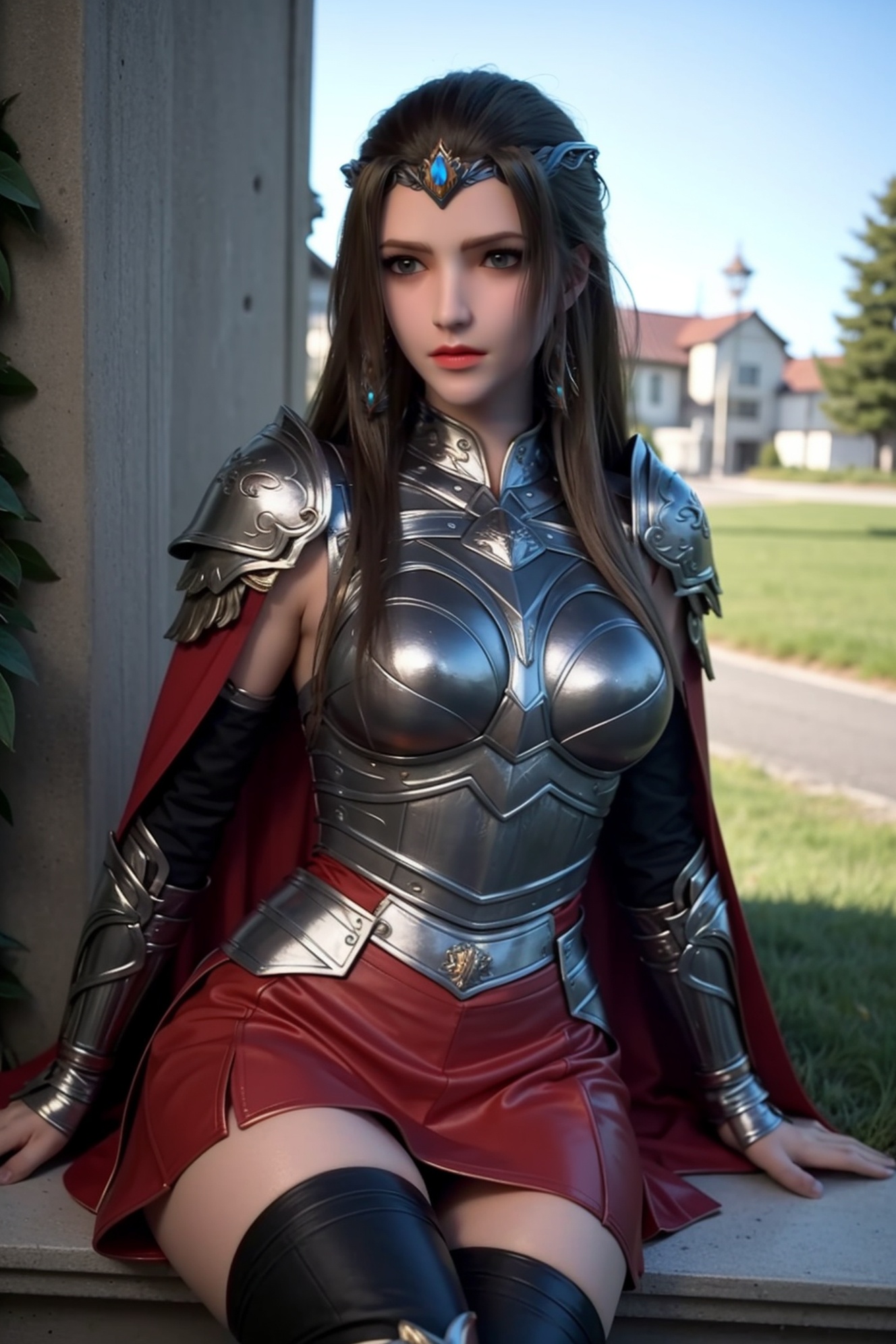 ultra realistic 8k cg,picture-perfect face,perfect face,beautiful face,masterpiece,fantasy,detailed background,realistic,perfect female body,curvy body,1girl,solo,cape,long hair,sky,full body,sitting,black stockings,<lora:tianshiyan ji_20231028224811:0.52>,armor,((red skirt)),outdoors,