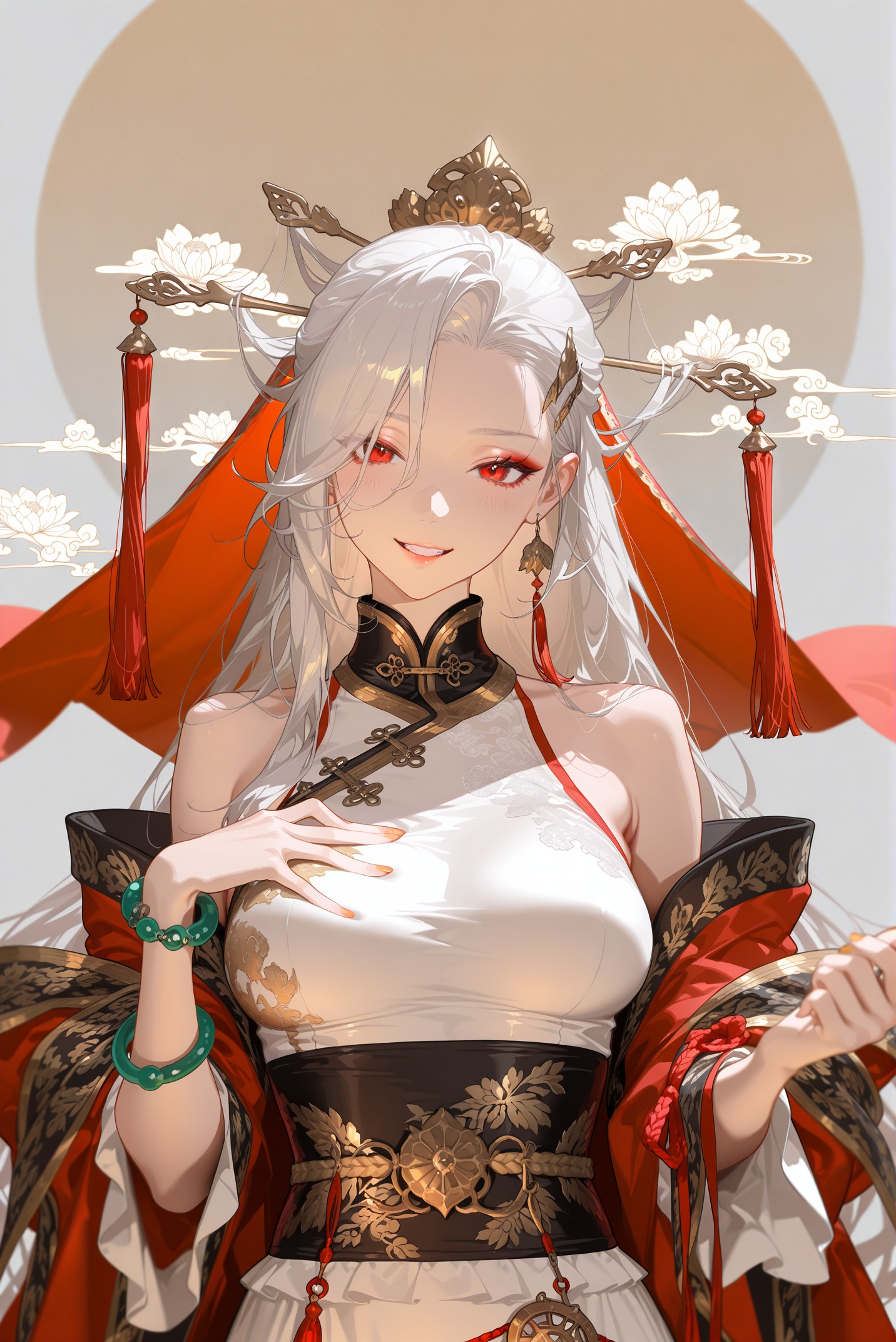 <lora:jiandie-000178:0.8>,vagabond \(dungeon and fighter\),red eyes,silver hair,vagabond hair ornament,1girl,solo,long hair,very long hair,white hair,open lips,breasts,smile,bare shoulders,medium breasts,nails,upper body,teeth,depth of field,1.4::artist:houjou_tsukasa::,0.8::artist:ask(askzy),1.1::artist:yoneyama_mai,1.1::artist:oogure_ito::,1girl,girl,intricate phoenix crown with dangling pearls,mandarin collar with gold embroidery,xiuhe jacket in vibrant red silk,dragon-phoenix motif embroidery,wide flowing sleeves with cloud patterns,xiapei bridal cape with jade pendants,skirt layered with auspicious symbols,delicate  closures along front closure,embroidered waist sash with tassels,phoenix-tail hemline detailing,embroidered silk shoes with lotus motifs,jade bangle bracelets,red veil with golden thread edging,traditional Chinese bridal makeup,rose-gold hairpins with sliver beads,cloud-shaped earrings,half open eyes,very aesthetic,location,masterpiece,no text,-0.8::feet::,rating:general,very aesthetic,masterpiece,no text,