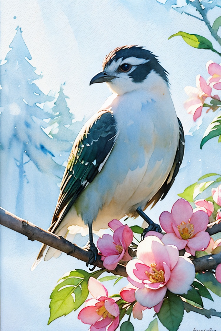 oia stunning, watercolor style of a bird is perched on a branch with flowers, animal, branch, leaf, petals, plant, tree, red flower, white flower, it's snowy, snow, (watercolor:1.5)