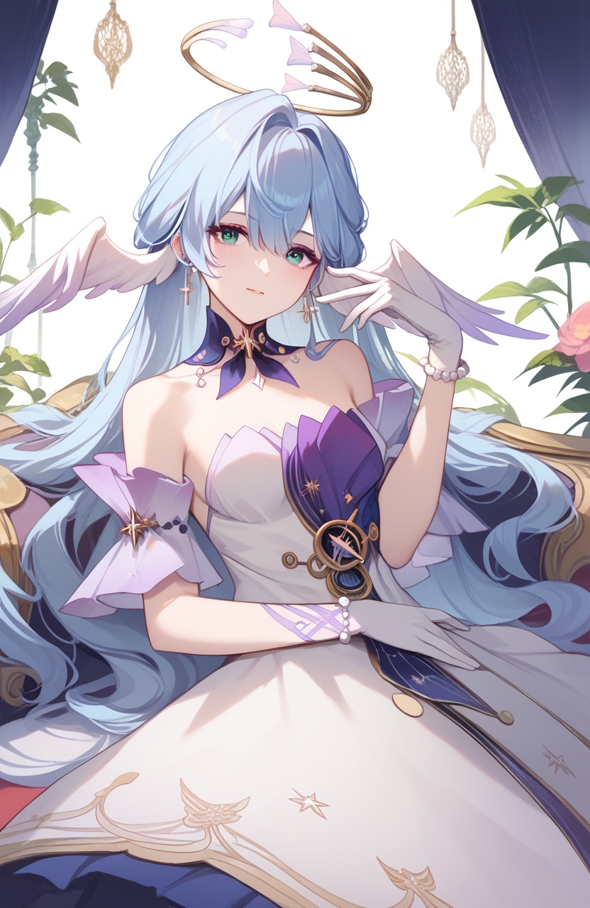 <lora:知更鸟pony:1>,robin,a girl named robin,1girl,white dress,bare shoulders,halo,white gloves,earrings,bracelet,head wings,, (score_9,score_8_up,score_7_up),(masterpiece,best quality,high quality:1.2),absurdres,