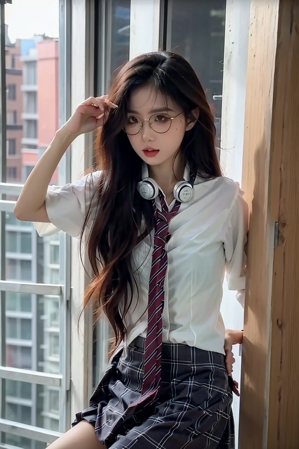 masterpiece,best quality,ultra-high definition,extreme detail,8k,realistic,<lora:_20240210083151-000005:0.8>,小酥,1girl,solo,glasses,necktie,headphones,skirt,black hair,headphones around neck,school uniform,