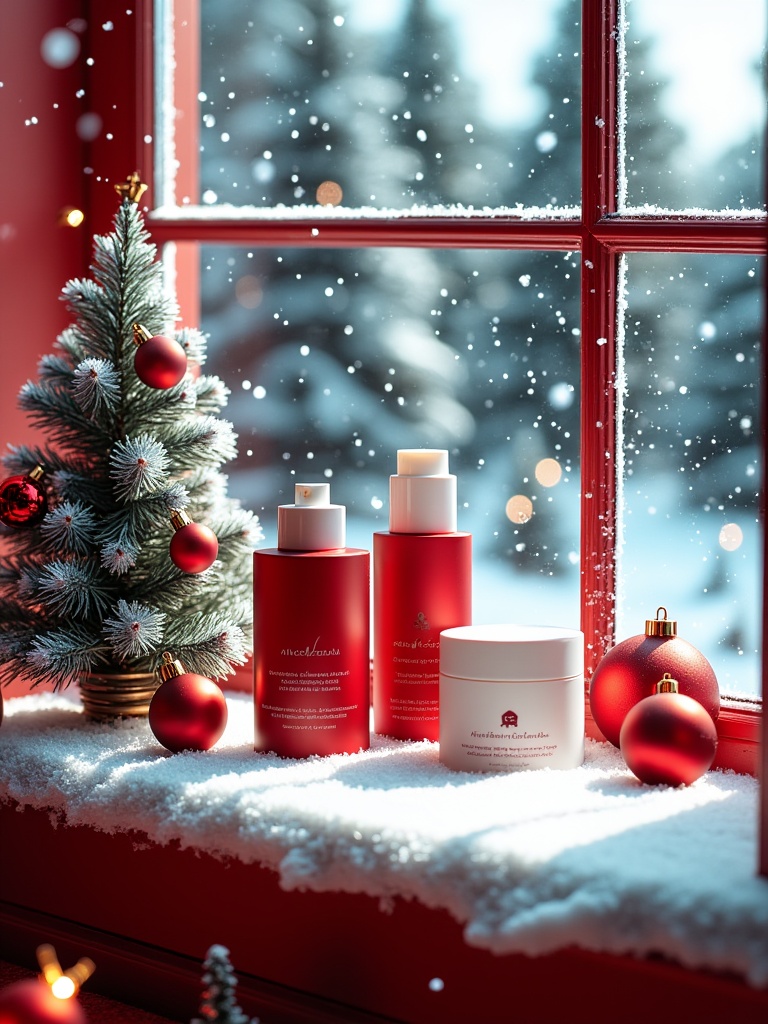 miluo_sdmz, A photograph captures a festive, snow-dusted windowsill adorned with red baubles, a small Christmas tree, and three bottles of red and white skincare products. The background features blurred snowfall outside large, warmly-lit windows. The scene exudes holiday cheer and tranquility.<lora:miluo丨圣诞场景丨光影通透-flux-1.4:1>