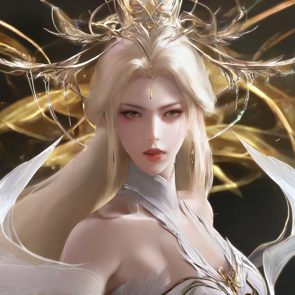 masterpiece,best quality,cinematic,(ultra-detailed),perfect composition,intricate details,absurdres,detailed face,high quality,high res,8K,1girl,solo,hair ornament,long hair,upper body,white dress,jewelry,earrings,dress,white hair,bare shoulders,looking at viewer,parted lips,realistic,teeth,blonde hair,gold long dress,barefoot,