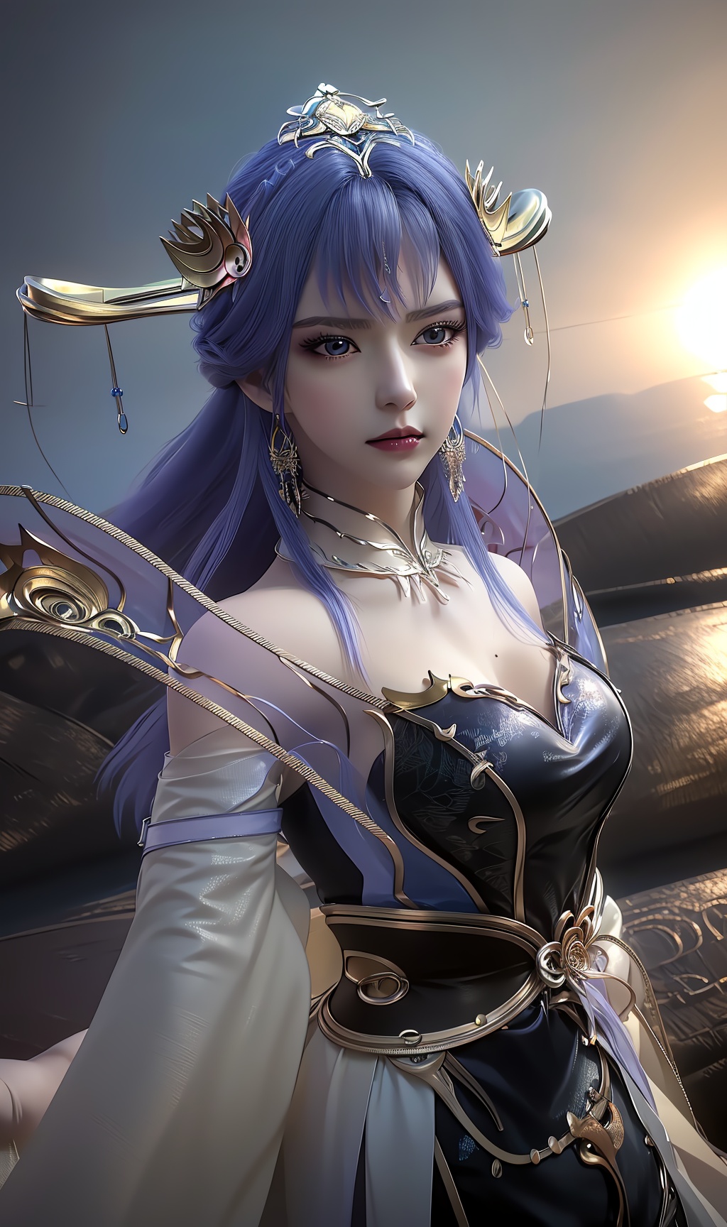 masterpiece,(best quality),official art, extremely detailed cg 8k wallpaper,((crystalstexture skin)), (extremely delicate and beautiful),highly detailed,1girl,solo,long hair,headwear,standing),( hair),((dress)),,(long dress:0.955),(clothes:0.999),(dress:0.987),((upper body)), (medium breasts),((hair_ornament)),((crown),((tiara))),(sunshine, outdoor,(bed)),,((looking_at_viewer)),((Facing the camera)), <lora:hipoly3DModelLora_v10:0.3> 