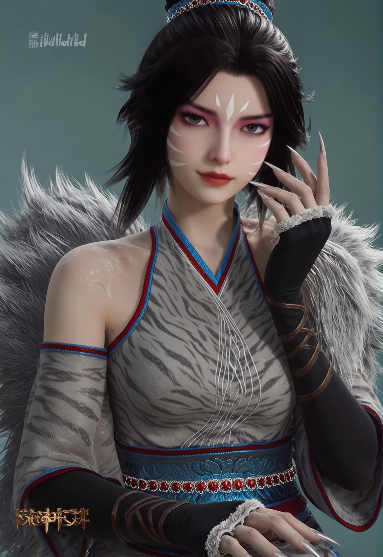 score_9,<lora:白虎堂堂主:0.8>,1girl,black hair,solo,gloves,fingerless gloves,short hair,facial mark,looking at viewer,***** lady like woman,long fingernails,