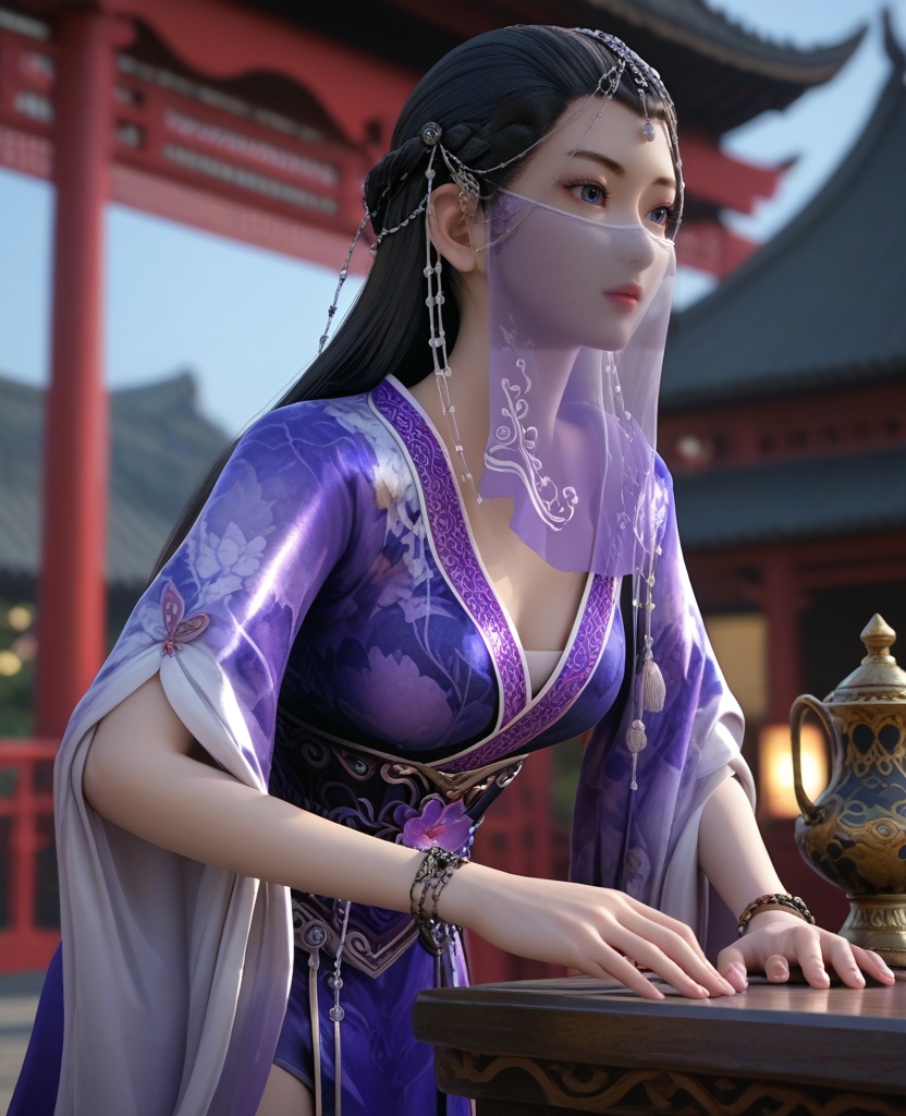 (oriental architecture, elegant decor, sophisticated style:1.1),(Leaning forward with elbows on a table:1.1),(breasts:1.2),<lora:XL16墓王之王沐雪离第一版:0.95>,miss muxueli,blue violet gown with floral print,blue eyes,see-through veil,black hair,half-up crown braid with long cascading hair,head chain,sash,bracelet,, score_9,score_8_up,score_7_up,score_6_up,score_5_up,score_4_up,3d rendering,tag1,tag2, Cinematic Lighting,backlighting,