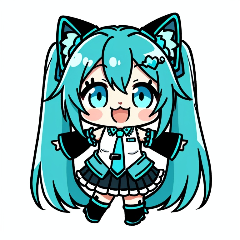 ((HRD, HUD, 8K)),((masterpiece, best quality)), highly detailed, soft light,EmojiPack, 1girl, hatsune miku, solo, twintails, long hair, detached sleeves, skirt, shirt, open mouth, necktie, simple background, white background, thighhighs, black skirt, blush stickers, sleeveless shirt, very long hair, musical note, sleeveless, aqua eyes, aqua hair, smile, :3, outstretched arms, cat tail, tail, pleated skirt, full body, hair ornament, standing, boots, heart, aqua necktie, black thighhighs, white shirt, style parody, :d, black footwear, thigh boots, bangs, hair between eyes, black sleeves, collared shirt, cat ears, parody, chibi, bare shoulders, <lora:20240527-1716802627504:0.8>