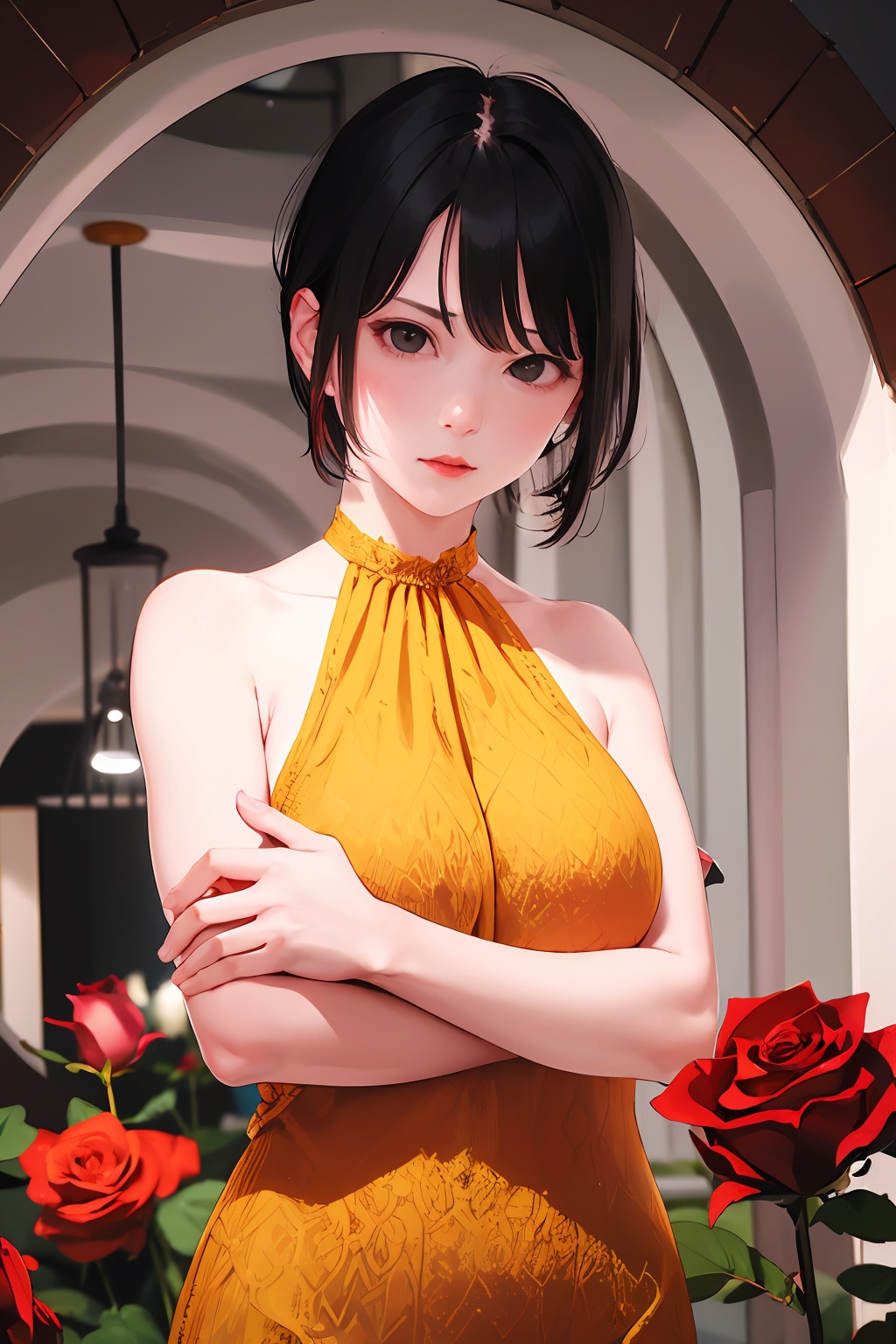 1girl,solo,breasts,looking at viewer,short hair,black hair,bare shoulders,upper body,sleeveless,black eyes,lips,crossed arms,realistic,<lora:lbc_Back_skirt:0.7>,((rose)), (vine), cage, bandage, red rope, (detail light), falling rose petals,