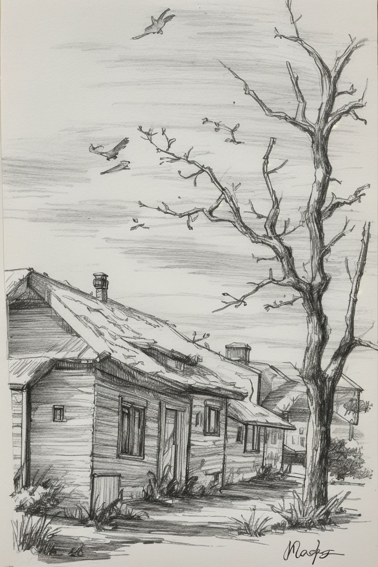 ((HRD, HUD, 8K)),((masterpiece, best quality)), highly detailed, soft light,Sketch, monochrome, greyscale, traditional media, signature, sketch, bird, no humans, outdoors, tree, plant, jaggy lines, house, scenery, building, sign,,  <lora:20240413-1712999239990:0.8>