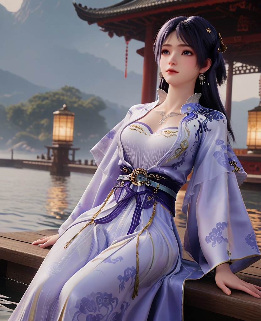 (oriental architecture, elegant decor, sophisticated style:1.1),(Sitting on a wooden dock, feet dipped in water, staring at the reflection with introspection,:1.1),(breasts:1.2),<lora:XL16遮天姬紫月宫装:0.95>,miss jiziyue,pastel blue wrap coat,white see-through lining dress,sash,dark purple hair,high tie half ponytail,long hair,hair ornament,earrings,necklace,lips,, score_9,score_8_up,score_7_up,score_6_up,score_5_up,score_4_up,3d rendering,tag1,tag2, Cinematic Lighting,backlighting,