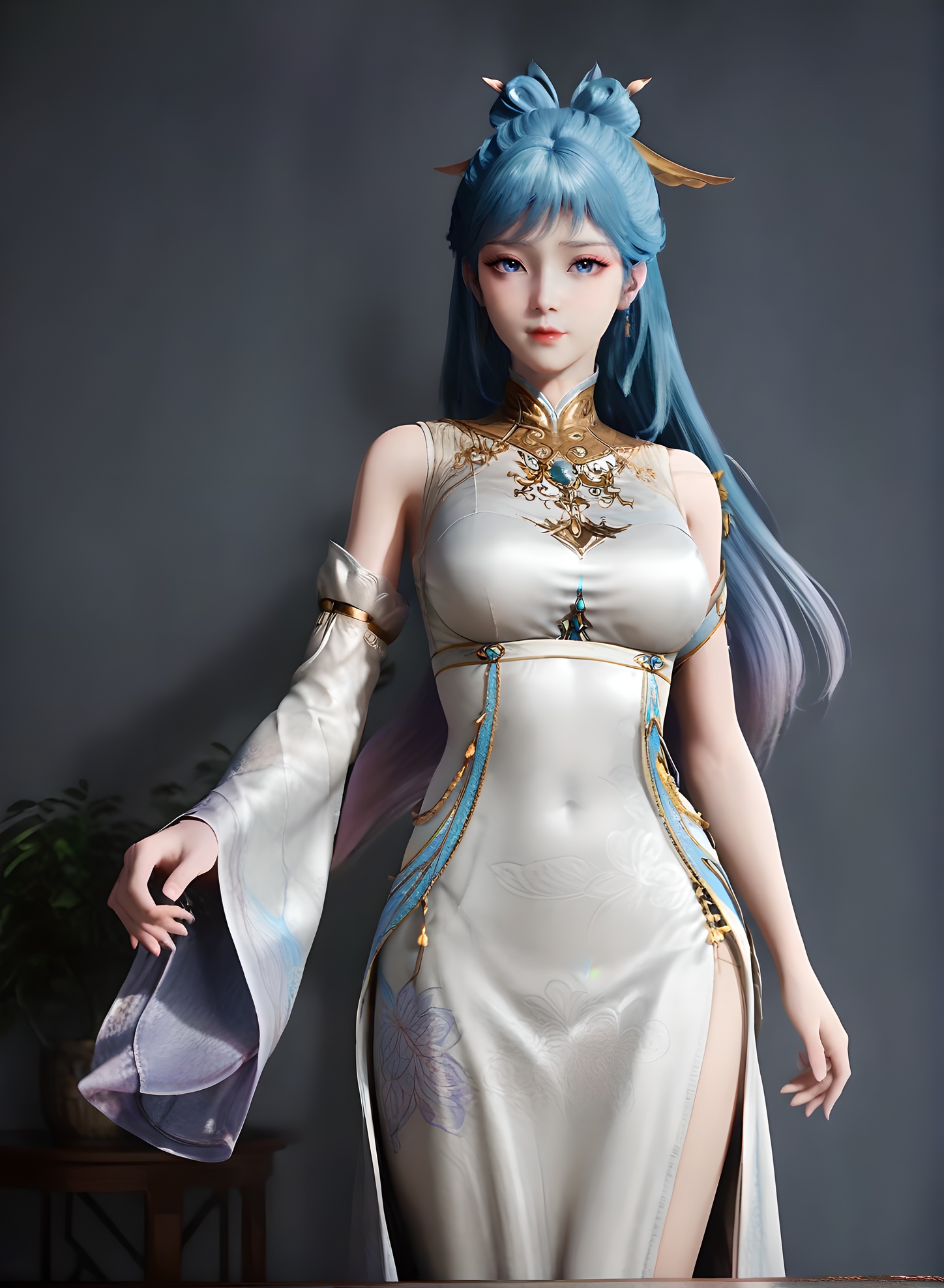 fair_skin,white_skin,Ivory_skin,score_9,<lora:SF_WangDongEr_Pony_Realism-000004:0.7>,hair ornament,dress,china dress,blue hair,1girl,breasts,large breasts,standing,detached sleeves,solo,looking at viewer,simple background,