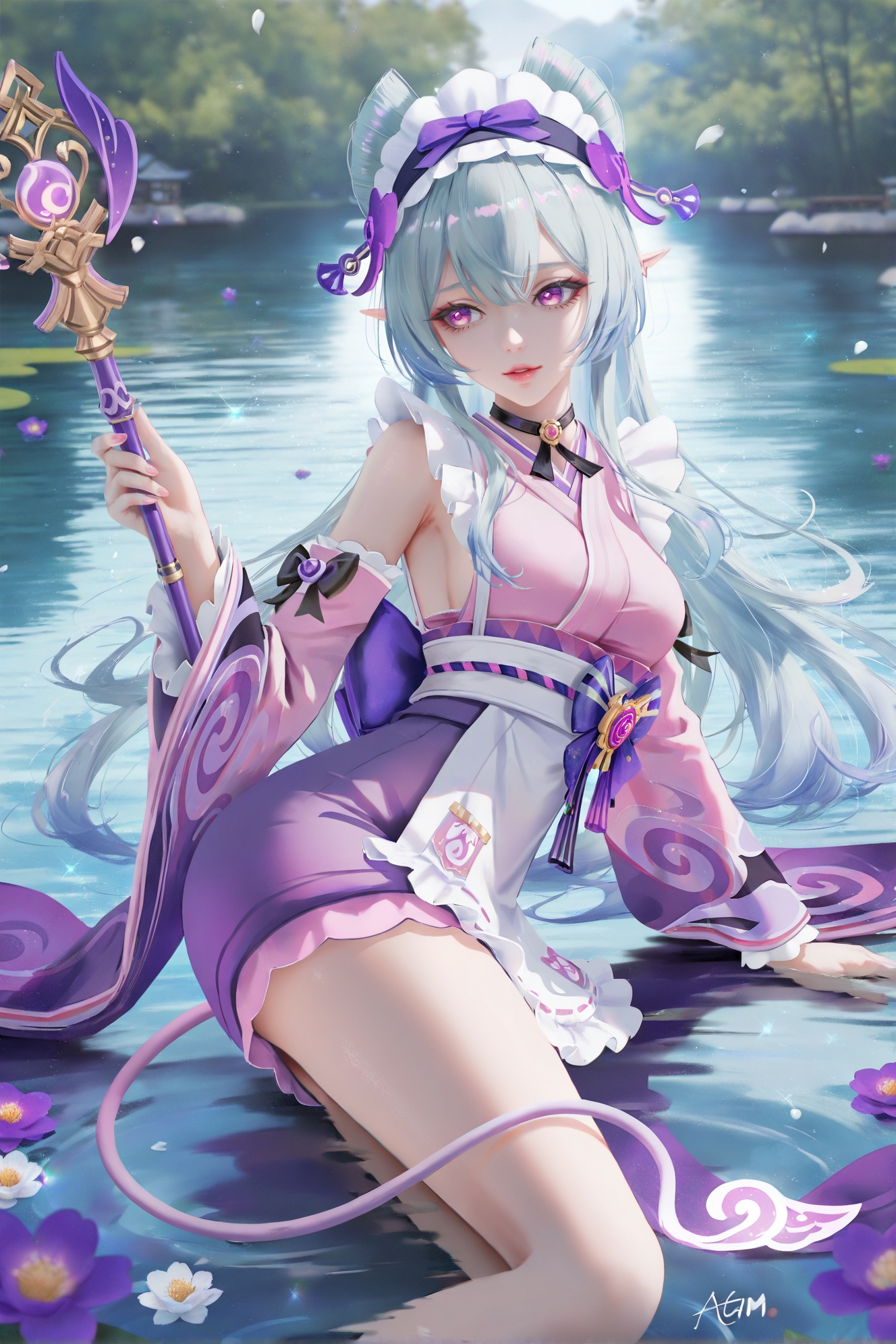 masterpiece,best quality,((artist:reoen),(artist:fuzichoco),(artist:atdan),(artist:torino_aqua:0.5),year 2024:0.5),(artist:omone_hokoma_agm:0.8),cg,realistic,wlop,highres,newest,year 2024,year 2023,1girl,inside the lake,looking to viewers,white flowers scattered around her,haze,bloom,rim lights,holding staff,<lora:mjyue-IL-Tanger:0.8>,Yumemizuki Mizuki /(Genshin Impact/),clothes: purple kimono with white apron and maid headdress,1girl,japanese clothes,wa maid,purple flower,purple eyes,detached sleeves,apron,maid headdress,long hair,tail,