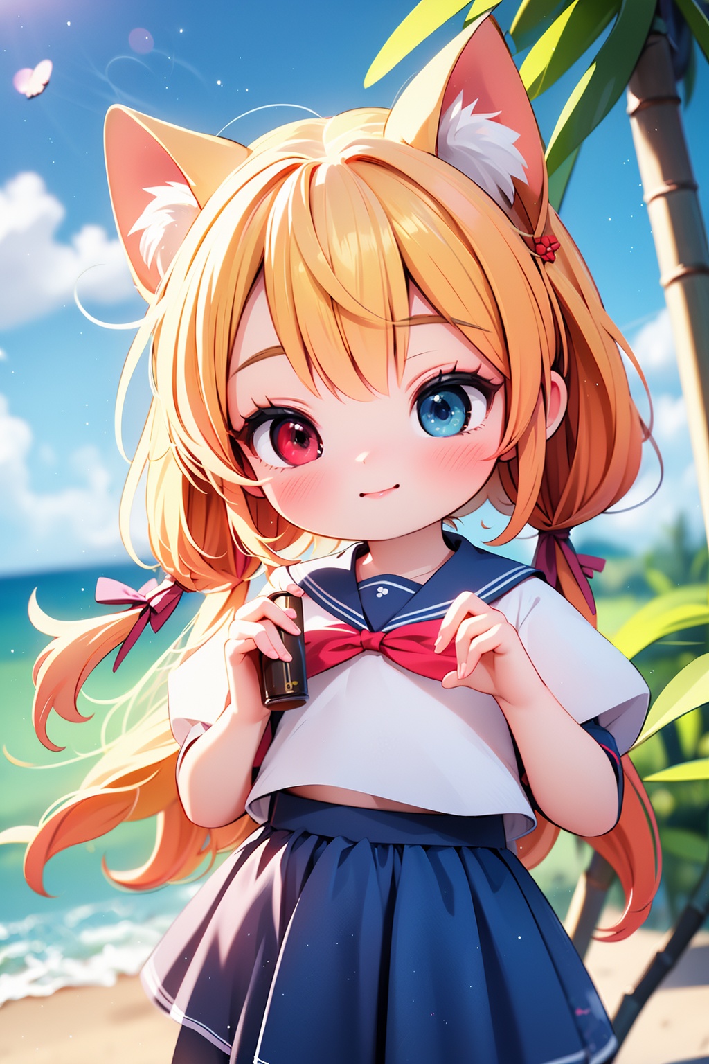 1girl,bangs,beach,bird,black legwear,(heterochromia:1.4),(red eyes:1.4),(blue eyes:1.4),very long blonde hair,cat ears clouds,blue sailor collar,blue skirt,blue sky,blush,red bow,closed mouth,cloud,cloudy sky,condensation trail,day,standing by the sea,