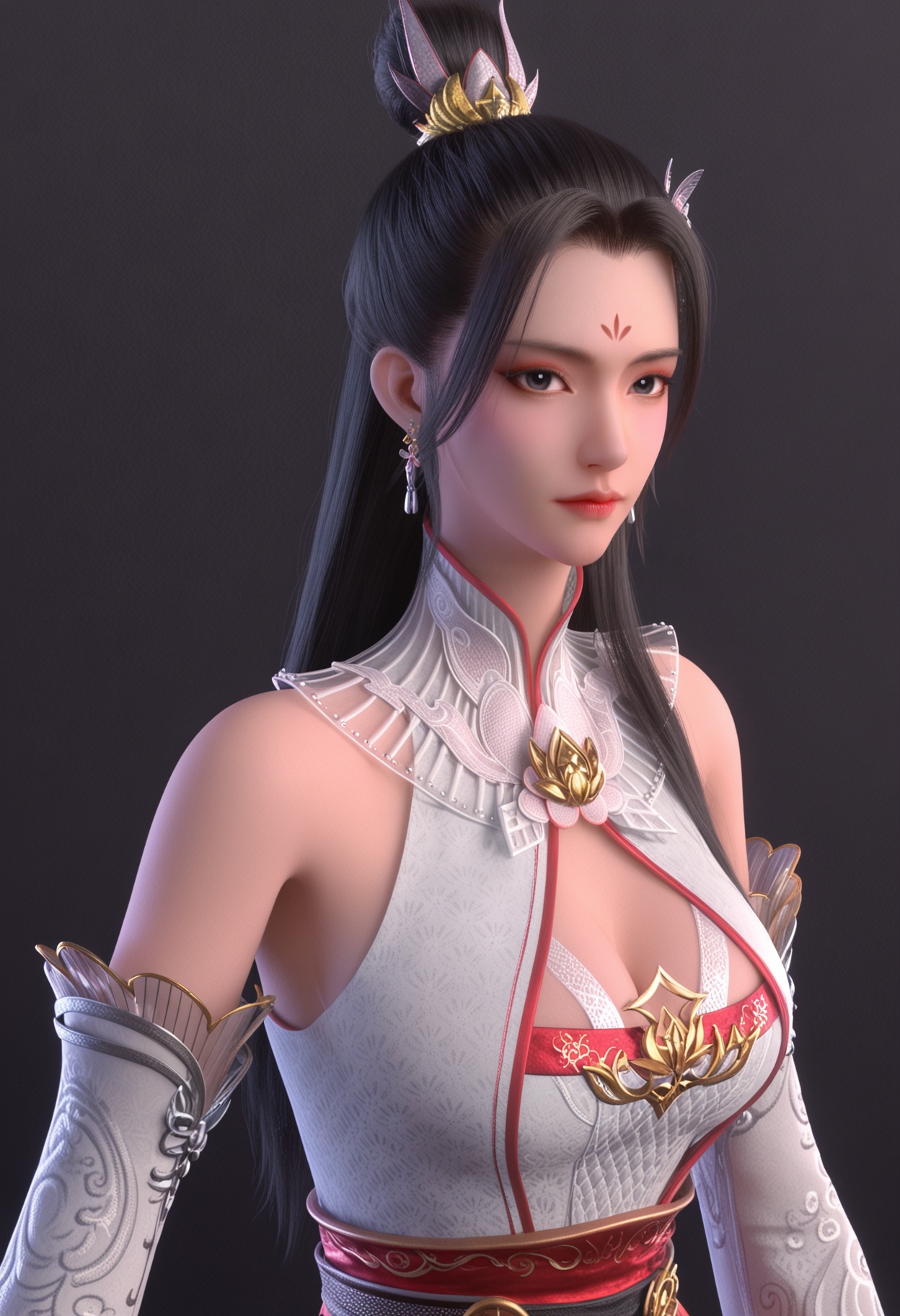 score_9,looking_at_viewer,upper body,large breasts,1girl,solo,long hair,black hair,jewelry,earrings,dress,hair ornament,forehead mark,realistic,closed mouth,white dress,bare shoulders,chinese clothes,detached sleeves,hair bun,clothing cutout,cleavage cutout,high heels,(simple background,pure black background,black background:1.1),perfect_anatomy,<lora:QQSponybaihehuaiV1:0.8>,