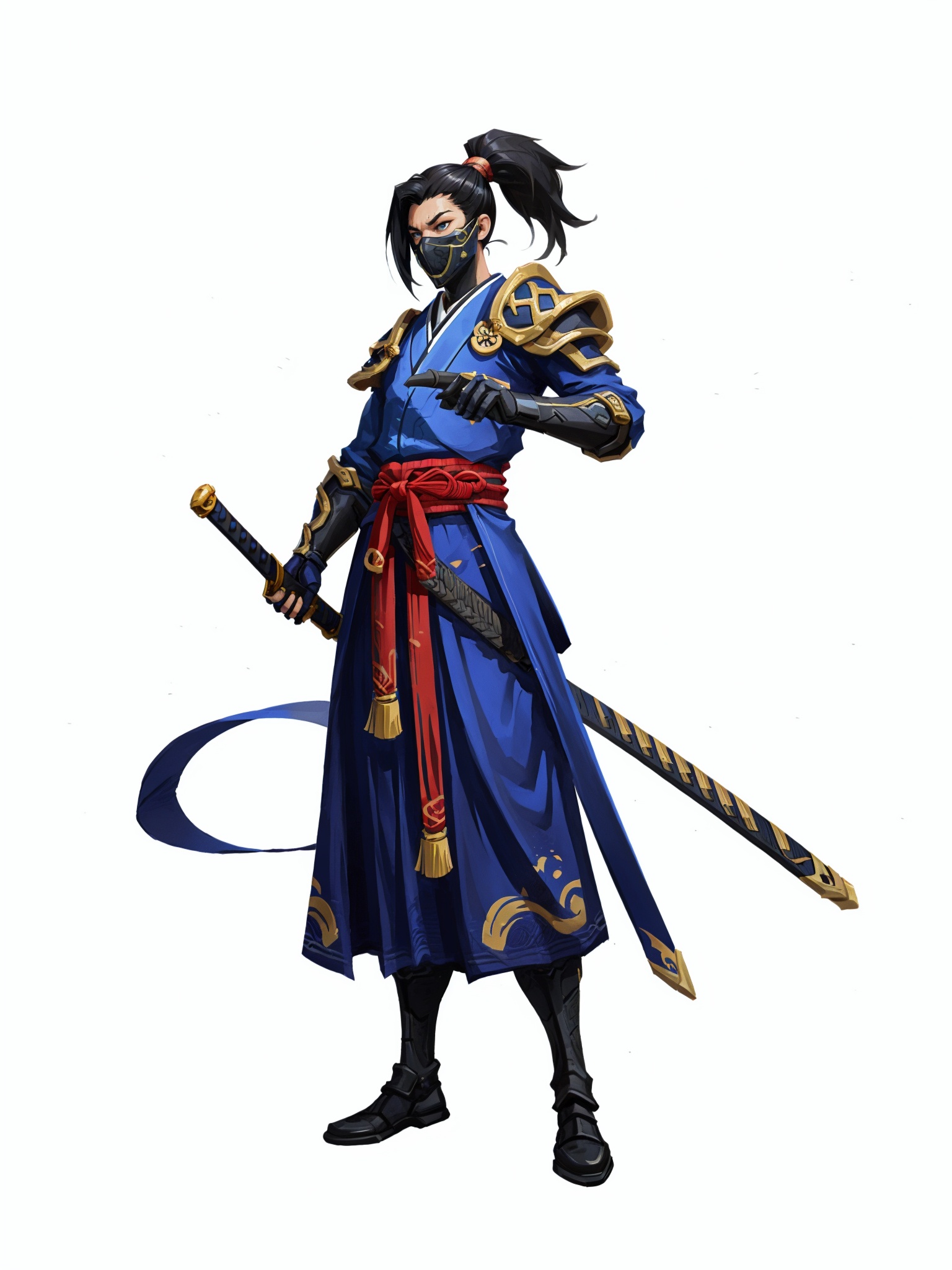 HEZI,Valenlott style,European and American cartoon character design,cutting,dividing,angular,features,solo, long hair, blue eyes, skirt, simple background, black hair, hair ornament, 1boy, white background, holding, ponytail, weapon, male focus, sword, armor, mask, katana, sheath, japanese armor,<lora:欧美卡通人物设计V2版本-000012:0.7>,