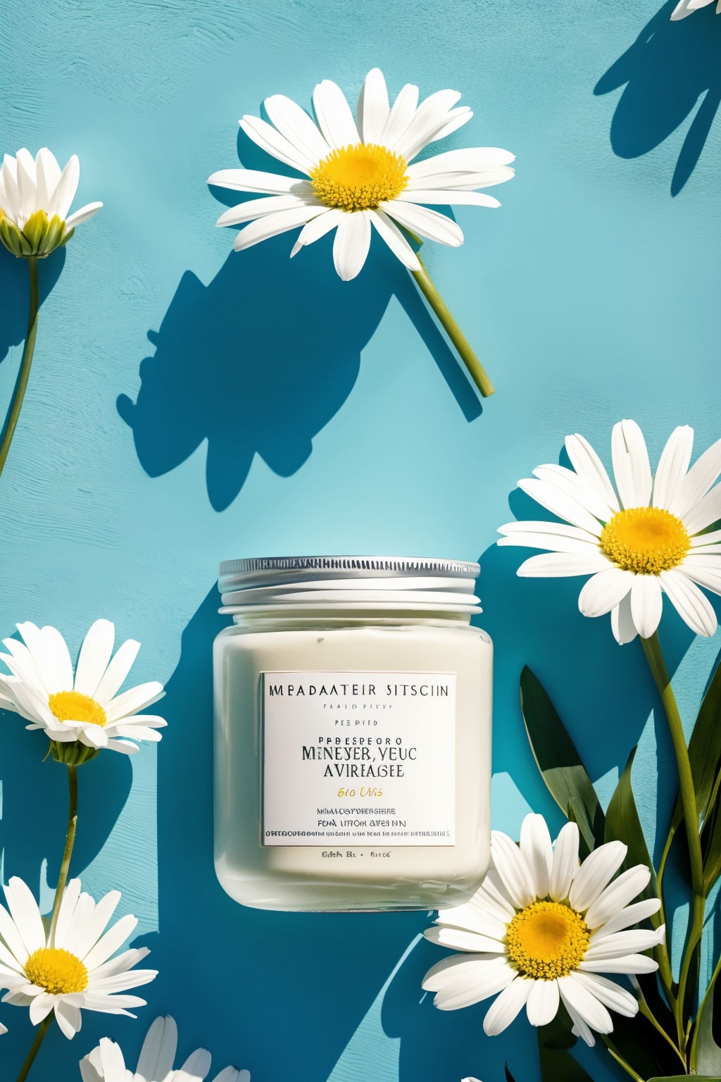 product photography, This image captures a serene and ethereal scene of a jar filled with a creamy substance, surrounded by a myriad of white daisies. The jar appears to be placed on a rocky surface amidst a backdrop of trees and clear blue skies. As the jar is gently tilted, a few daisy petals seem to be floating away, creating a sense of tranquility and natural beauty, masterpiece,best quality,