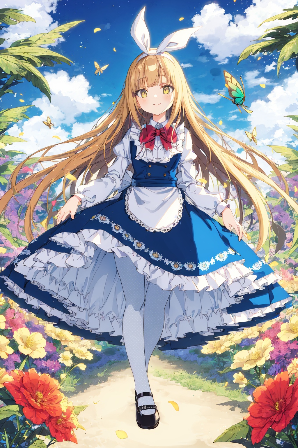 <lora:艺术家_ゾイルン1:0.6>, (((masterpiece))),best quality, illustration,(colorful),(depth of field:1.12), (focus on girl),((alice)),alice in wonderland, solo,cute face,(delicate detailed face),front view,(full body),long blonde floating hair, blunt_bangs,((white and blue frilled dress)), (white pantyhose),(long sleeves),(juliet_sleeves), (puffy sleeves),blue large bow,sleeves past wrists, sleeves past fingers,scenery,ray tracing,wonderland,extreme detailed effect,(many detailed yellow and white flowers),Butterfly
