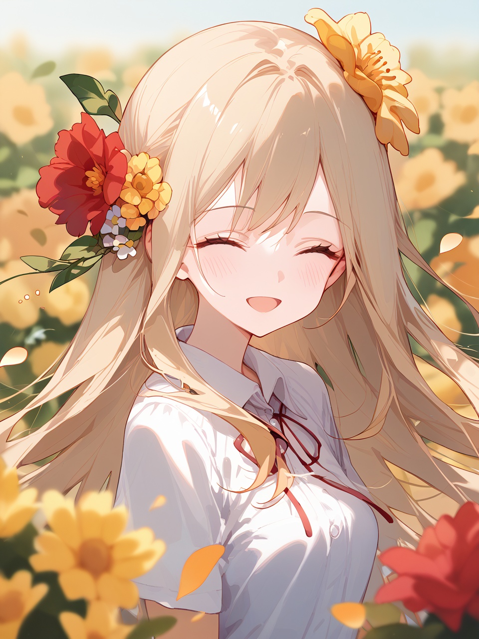 1girl,    score_9, ^_^, depth of field, collared shirt, blurry background, red flower, hair ornament, flower, long hair, smile, open mouth, shirt, white flower, blush, hair flower, yellow flower, head tilt, blurry foreground, solo, white shirt, blurry, facing viewer, closed eyes, blonde hair, short sleeves, petals, :d, upper body