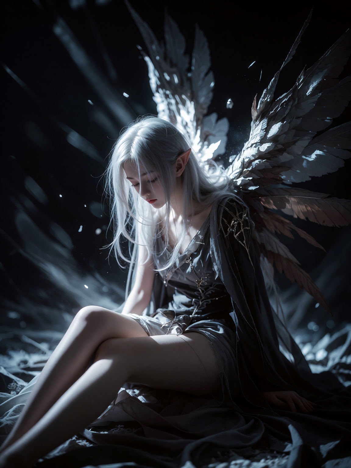中国女孩,  柳眉,  SomberFantasy. A woman sits in the depths of a shadowed void by 天海TianHai on Tensor.Art