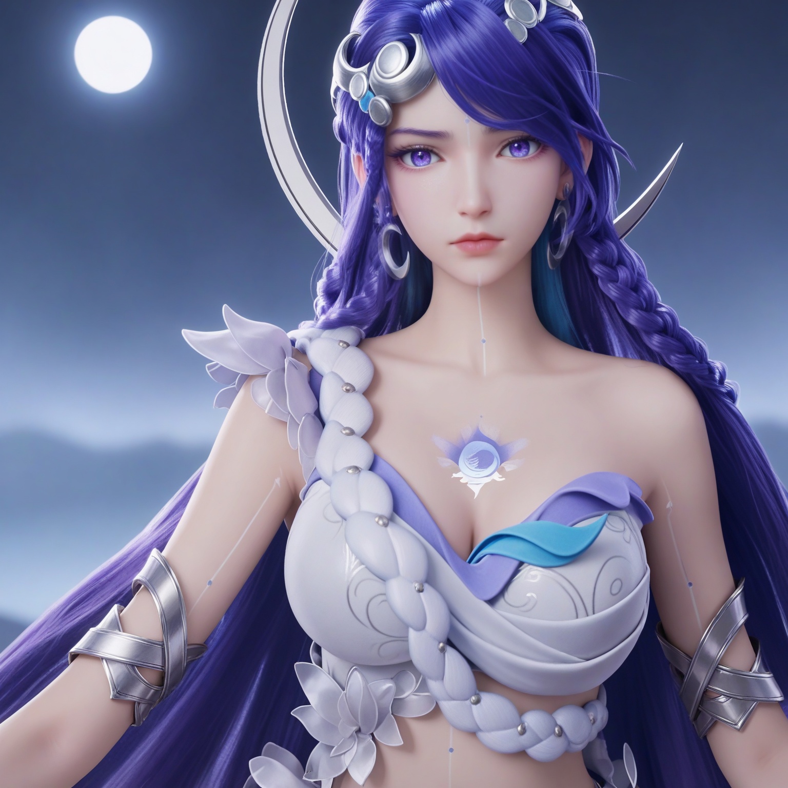 (upper_body:1.1),(huge breasts:0.9),68.<lora:YQponyhaiyueV4:0.8>,q1528437228,solo,1girl,long_hair,purple_hair,jewelry,hair_ornament,earrings,blue_eyes,dress,blue_hair,braid,bracelet,crescent,bare_shoulders,midriff,very_long_hair,white_dress,skirt,crescent_hair_ornament,armor,collarbone,purple_eyes,shoes,high_heels,realistic,blue_footwear,armlet,night,crescent_earrings,facial_mark,barefoot,hair_rings,long_skirt,white_pantyhose,white_skirt,wings,blue_dress,,blush,(looking_at_viewer:1.1),BREAKintricate details,shiny_skin,solo focus,(blurry background:1.1),(depth of field:1.1),perfect_anatomy,(cinematic lighting:0.9),(volumetric lighting:0.9),(simple background,pure black background,black background:1.1),