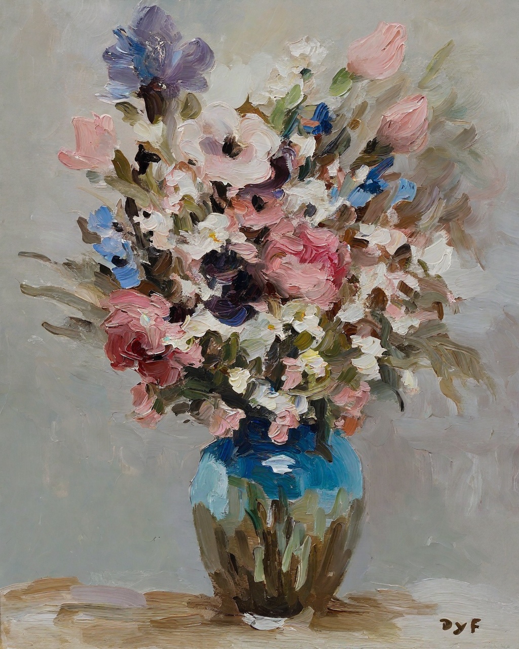 Impressionism,  Marcel Dyf,  The image showcases a bouquet of flowers in a vase. The bouquet is diverse by user_6845473065...