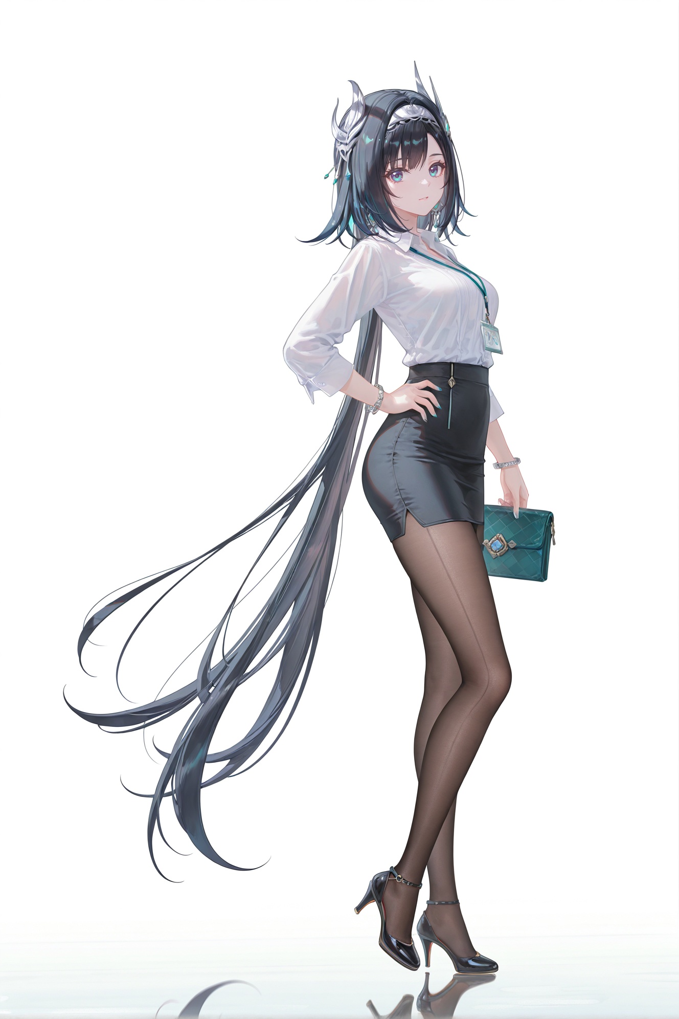 8k,best quality,masterpiece,(ultra-detailed),(high detailed skin),((artist:reoen),(artist:fuzichoco),(artist:atdan),(artist:torino_aqua),year 2024:0.8)1girl,[artist:wlop],[artist:ningen_mame],artist:ciloranko,[[artist:rhasta]],artist:tidsean,colorful,full body,full shot,standing,looking at viewer,(solo:1.2),simple background,(white background:1.2),hand on own hip,(white background:1.1),<lora:lanyan-IL-Tanger:0.8>,Lan Yan \(Genshin Impact\),Silver hair ornament,white hairband,1girl,black hair,very long hair,blue eyes,1girl,long hair,hair between eyes,jewelry,hair ornament,skirt,office lady,shirt,pencil skirt,pantyhose,white shirt,high heels,black skirt,breasts,black footwear,long sleeves,alternate costume,high-waist skirt,brown pantyhose,contemporary,shirt tucked in,thighs,black pantyhose,miniskirt,medium breasts,collared shirt,