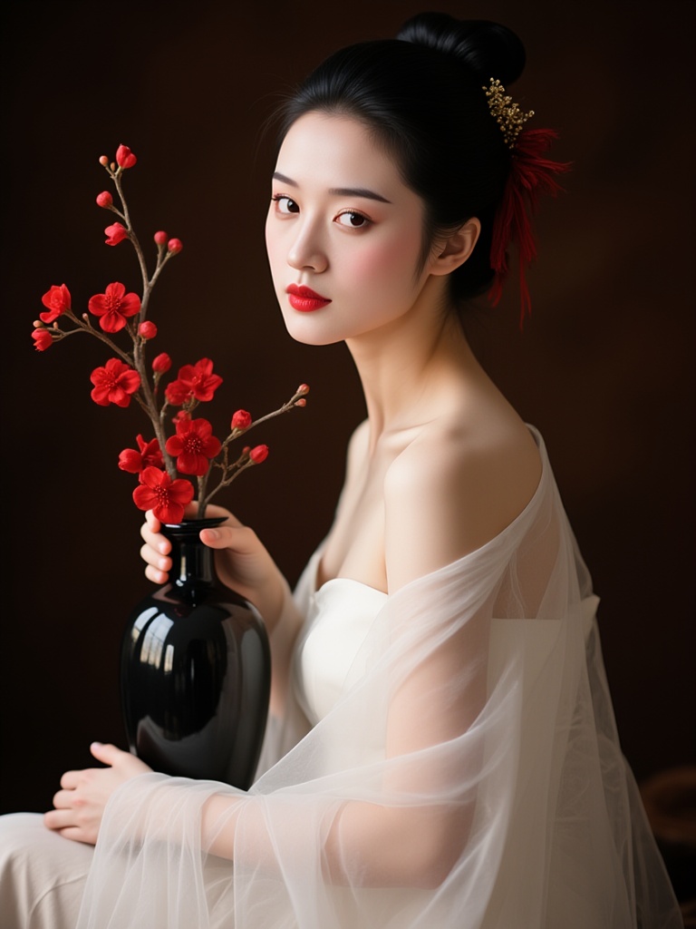 hfxnsas,a young Asian woman with pale skin, black hair styled in an elegant updo, wearing a white dress with a sheer white shawl draped over her shoulders, holding a black vase with red flowers in her hands. She has a serious expression and is looking directly at the camera. The background is a simple dark brown color. The lighting is soft and natural, highlighting her delicate features and the intricate details of her hair and the vase. The overall aesthetic is elegant and sophisticated.<lora:S-T-汉服仙女-S1.5:1>