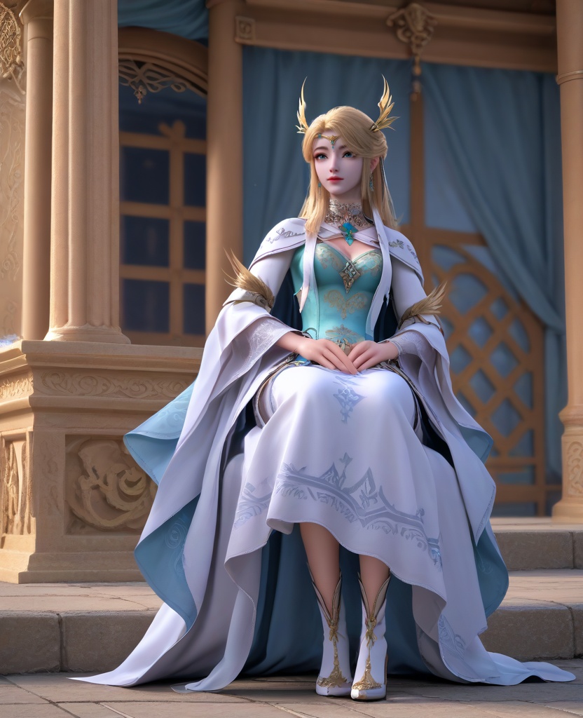 (oriental architecture, elegant decor, sophisticated style:1.1),(knees together feet apart:1.1),(breasts:1.2),<lora:XL16长夜开拓者圣女维罗妮卡:0.95>,miss veronica,blue corset dress,blue eyes,blonde hair,half-up ponytail with hair over shoulder,hair ornament,jewelry,choker,tiered sleeves,earrings,cape,white dress hem,white high heel boots,, score_9,score_8_up,score_7_up,score_6_up,score_5_up,score_4_up,3d rendering,tag1,tag2, Cinematic Lighting,backlighting,