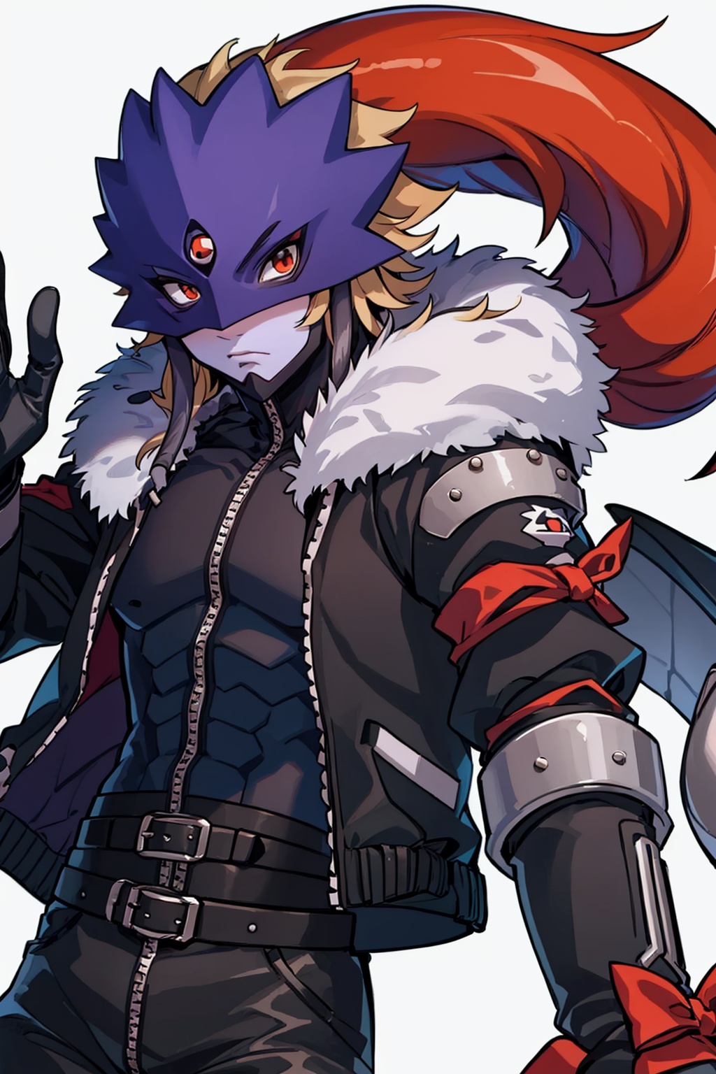 masterpiece,best quality, highly detailed, beelzebumon,digimon \(creature\),mask,1boy,solo,male focus,belt,black jacket,simple background,zipper,fur-trimmed jacket,looking at viewer,<lora:beelzebumon:1>