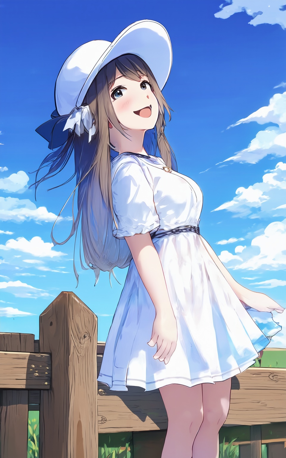 anime style,  an anime girl wearing a white dress and hat standing on a wooden fence with blue sky and clouds in the backg...
