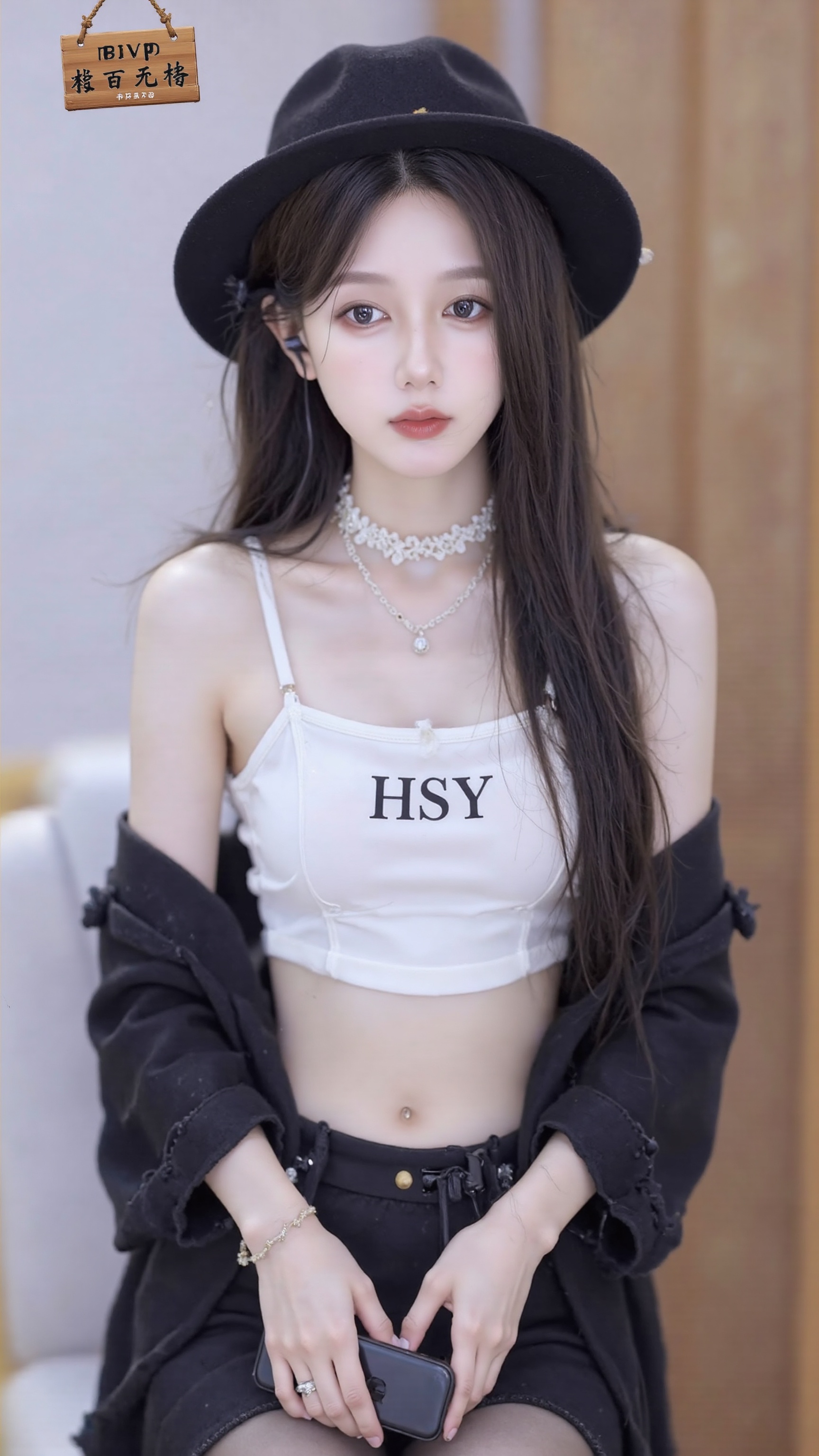 A young girl appears solo in the frame,adorned with jewelry including a necklace and earrings. She is wearing a white bra,black pantyhose,and is standing,not sitting. Her long hair cascades down her back,and she holds a cellphone in her hand,presenting a realistic image. She is dressed in an open shirt with off-the-shoulder long sleeves,revealing a hint of cleavage. The girl has brown hair,blue eyes,and is wearing black headwear. She gazes directly at the viewer with her lips closed,exuding an elegant and enigmatic aura.luo,luo,.,(The letters "HSY" are printed on the clothes:1.6, presented in a subtle manner:1.6, not too eye-catching, just clear enough to be identified. The color of the letters matches the overall picture.),