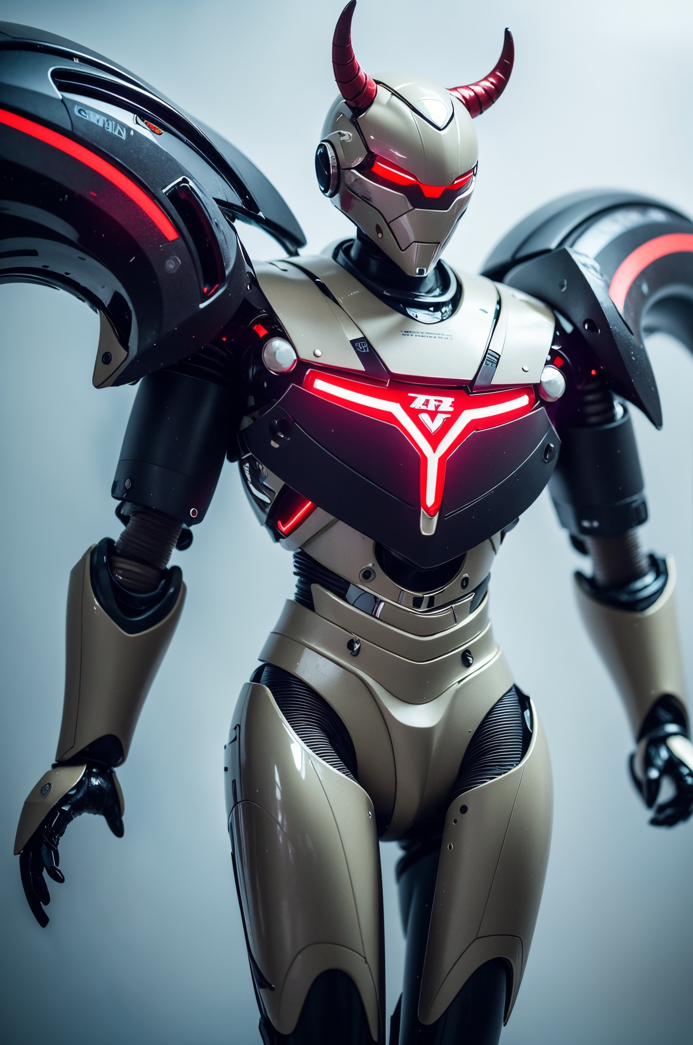 A futuristic robot designed with the characteristics of the Aries zodiac sign, maintaining the sleek design with glossy white and red armor. The robot's head is styled to subtly suggest a ram's horns, an iconic feature of Aries, while its posture exudes strength and confidence. It stands against a clean black background, with delicate lighting that casts a heroic silhouette., located deep aesthetic, intricate, elegant, sharp focus, cinematic, unique, detailed, rich bright colors, contemporary, stunning, attractive, illustrious, sublime, smart, luxurious, pretty, color balanced, dramatic ambient light, dynamic composition, magical, thought, beautiful, marvelous, splendid, perfect, romantic, positive