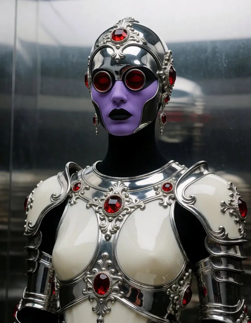 a chrome-and-ivory saintly figure with violet skin glow and jewel-like eyes,  standing motionless like a sacred fashion ma...