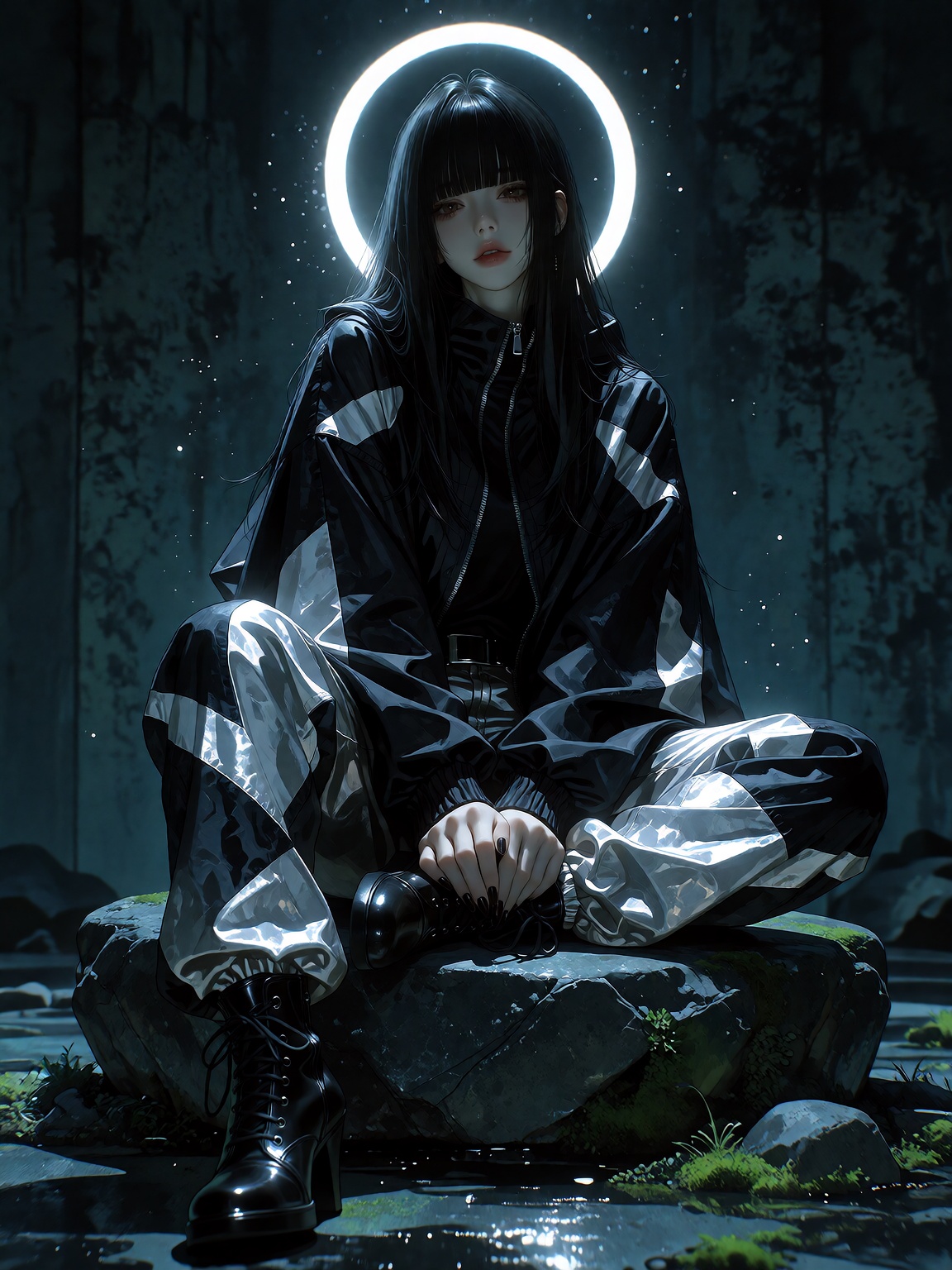 画面主体是一位成年女性,  黑色长直发平齐刘海剪裁整齐,  发丝垂落至胸前 on Tensor.Art