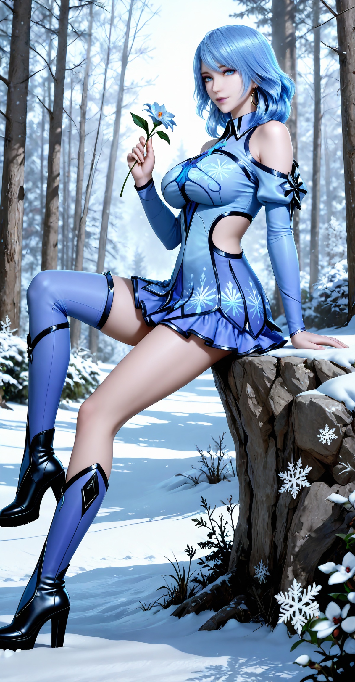 masterpiece,high quality,tall,game cg,highres,(soft light:1.2),white_skin,(shiny_skin:0.6),(realistic:1.1),<lora:水冰儿ILL:0.8>,shuibinger,blue hair,blue eyes,longeyelashes,makeup,medium hair,looking at viewer,long sleeves,nature,flowers,holding flower,day,from side,1girl,solo,dress,large breasts,earrings,legs,jewelry,long hair,long legs,looking at viewer,hoop earrings,(collared_dress:1.1),layered dress,bare shoulders,frills,short dress,boots,knee boots,high_heel_boots,full body,sitting,one leg up,print_dress,blue dress,blue stockings,single thighhigh,winter,sonw,snow,ice,snowflakes,
