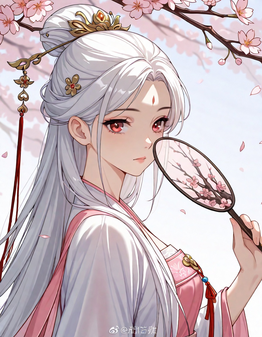 hanfu,chinese clothe,masterpiece,1girl,long hair,solo,white hair,forehead mark,dress,branch,facial mark,holding,hand fan,cherry blossoms,chinese clothes,hair ornament,flower,looking at viewer,white dress,hair bun,from side,holding fan,pink dress,jewelry,closed mouth,upper body,